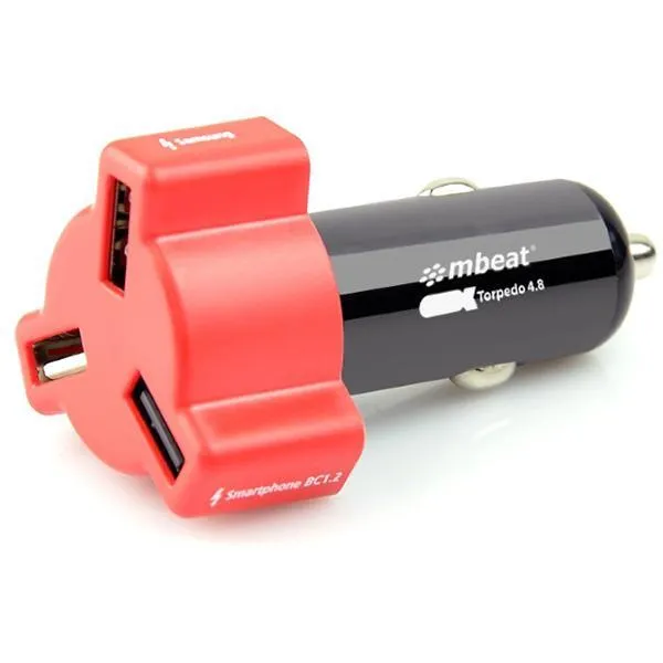 Mbeat Triple Usb Port 4.8A/24W Rapid Car Charger Red