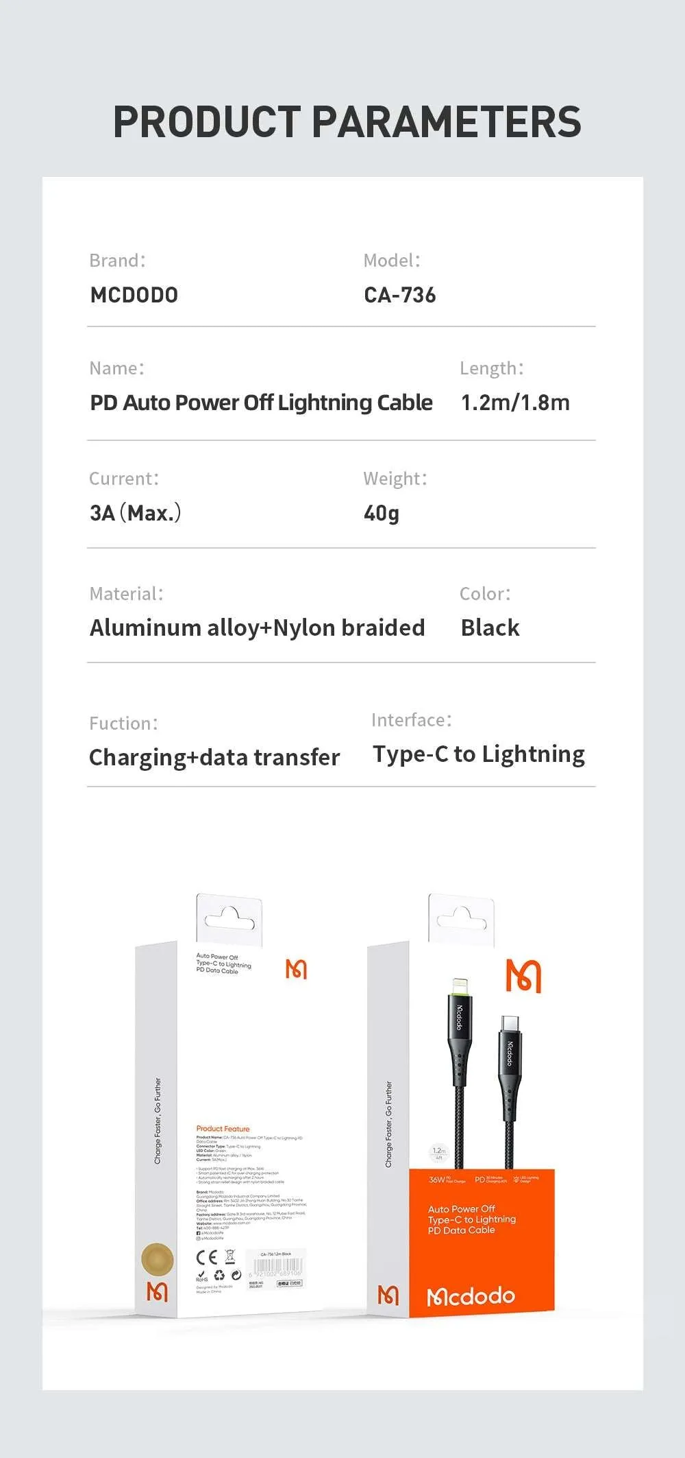 Mcdodo CA-736 | Type-C to Lightning Mobile Cable | Auto Power Off