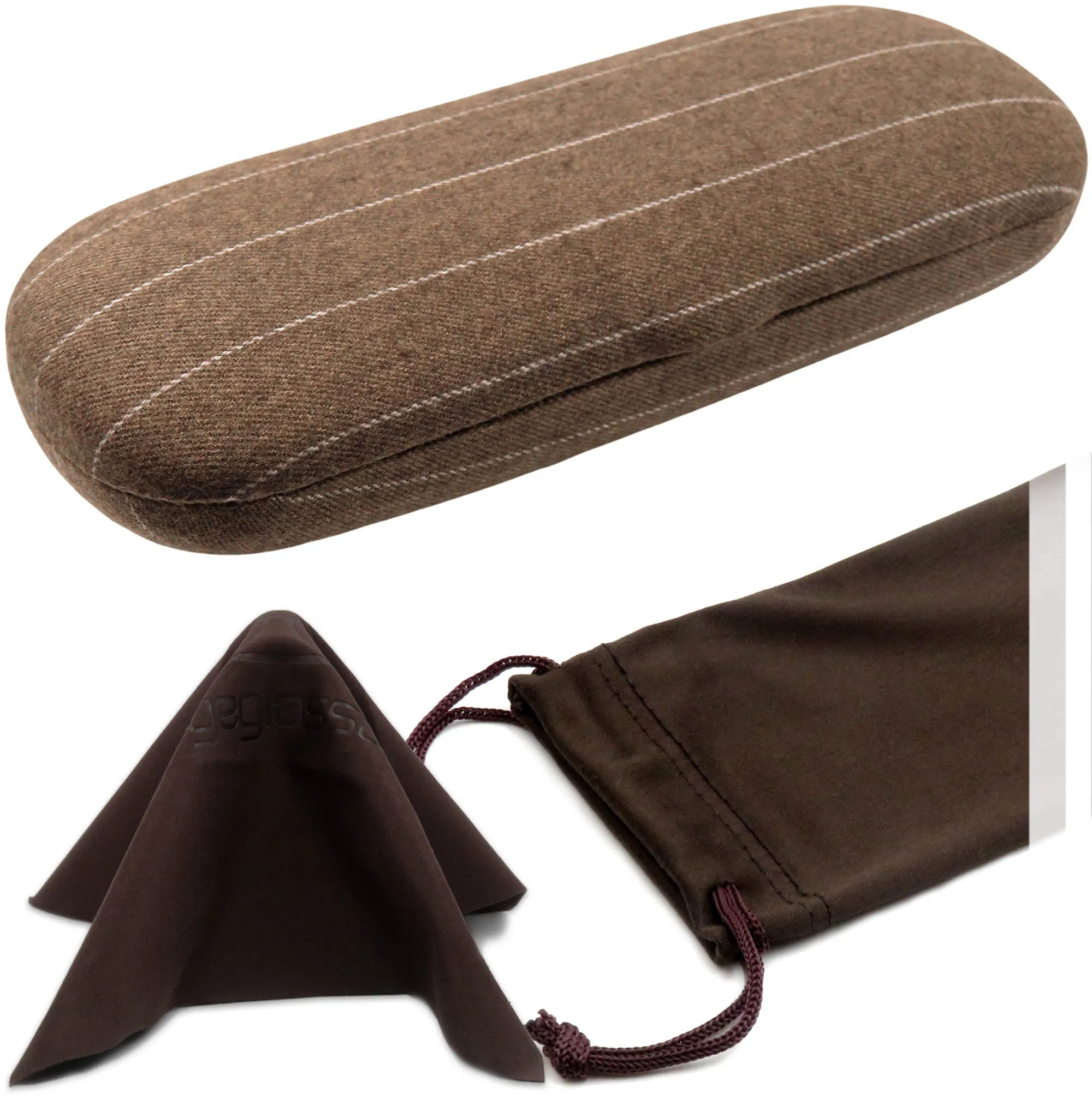 Men Hard Eyeglass Case for Small Narrow Slim Frames - Glasses Case Holder with pouch and Cleaning Cloth (S5 Tweed Brown)