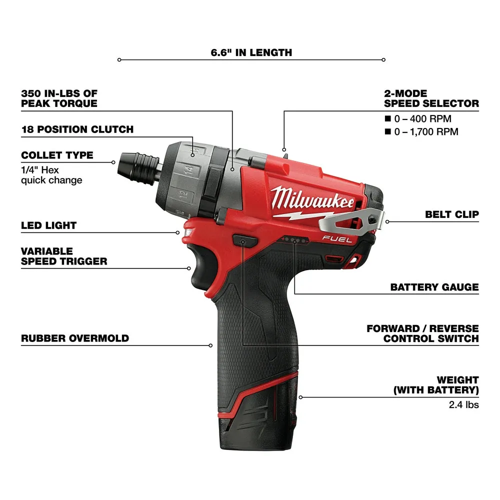 Milwaukee 2402-22 M12 FUEL 12V 1/4-Inch Hex 2-Speed Screwdriver Kit