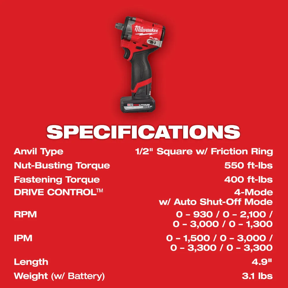 Milwaukee 2563-22 M12 FUEL 12V 1/2" Corddles Stubby Impact Wrench Kit