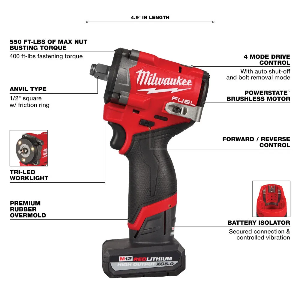 Milwaukee 2563-22 M12 FUEL 12V 1/2" Corddles Stubby Impact Wrench Kit