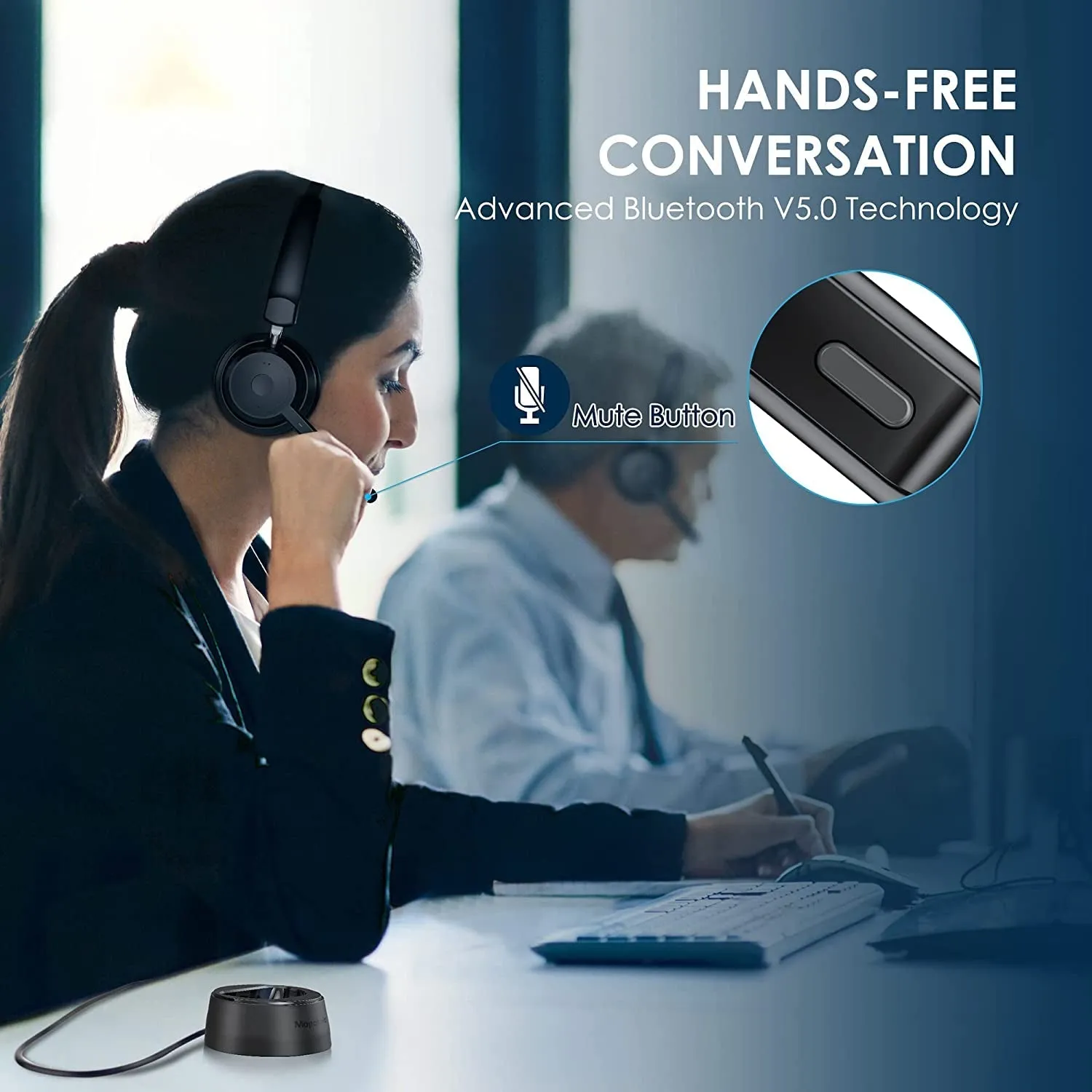 Mopchnic Bluetooth Headset, Wireless Headset with Upgraded Microphone AI Noise Canceling, on Ear Bluetooth Headset with USB Dongle for Office Call Center Skype Zoom Meeting Online Class Trucker