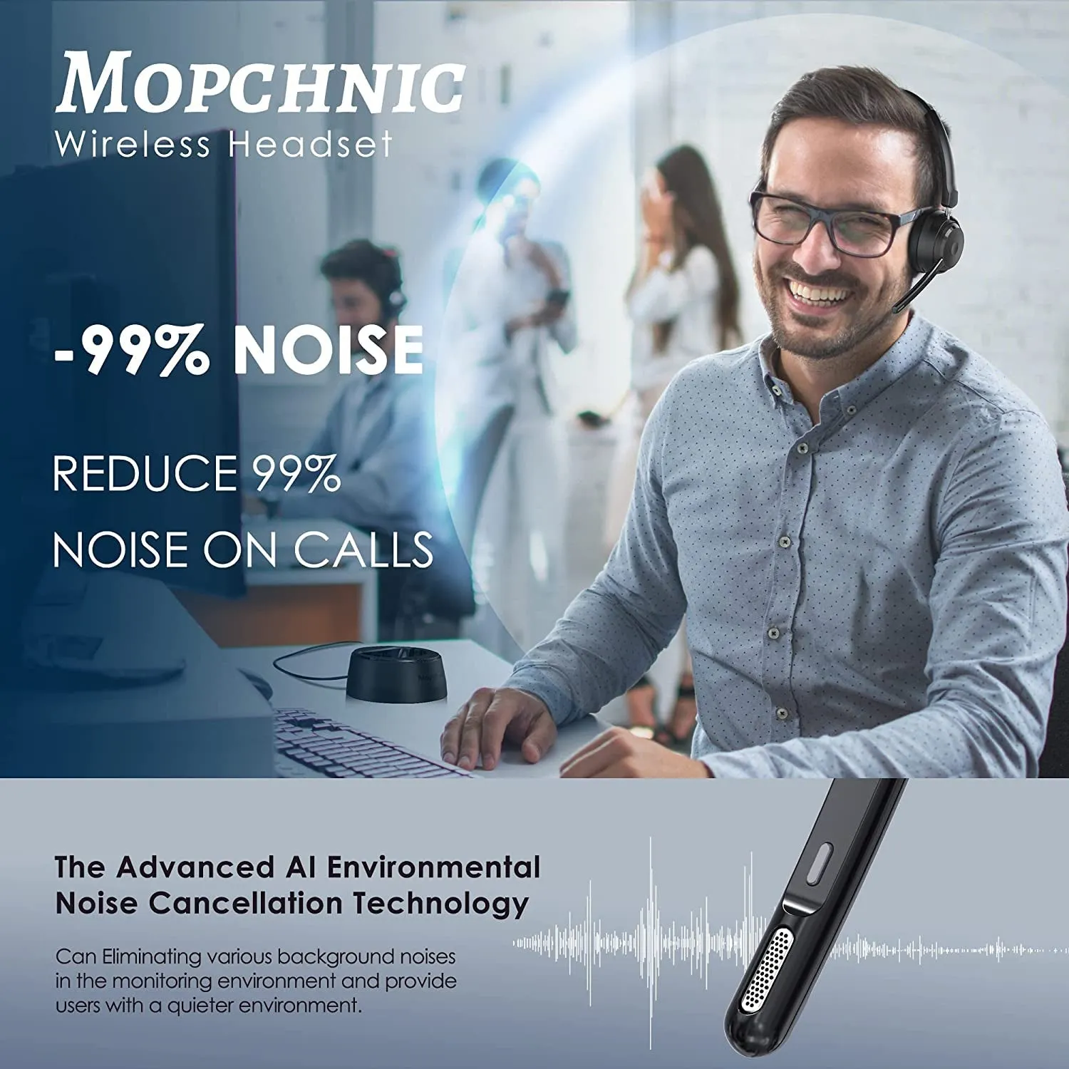 Mopchnic Bluetooth Headset, Wireless Headset with Upgraded Microphone AI Noise Canceling, on Ear Bluetooth Headset with USB Dongle for Office Call Center Skype Zoom Meeting Online Class Trucker