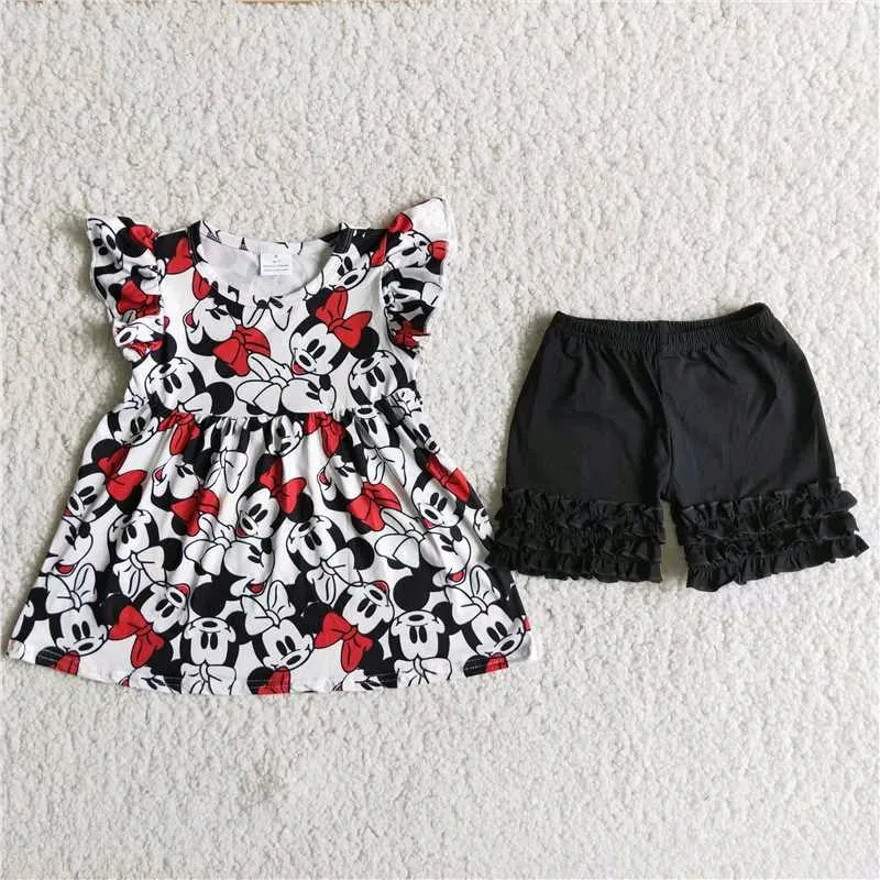 Mouse flutter sleeve dress black ruffle shorts set