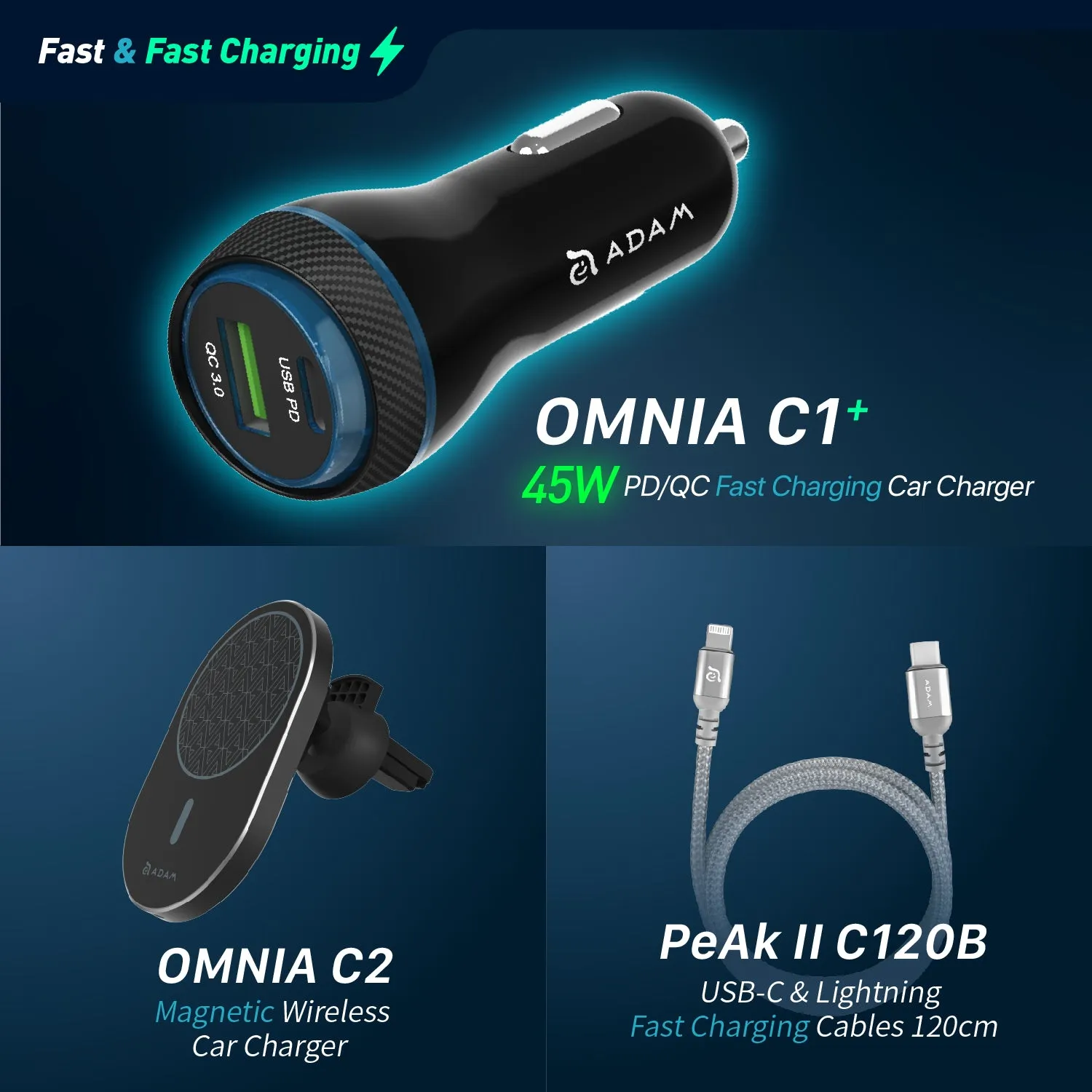 OMNIA C1  45W  PD/QC Fast charging Car Charger   OMNIA C2 Magnetic Wireless Car Charger   PeAk II C120B USB-C to Lightning Cable (1.2M)