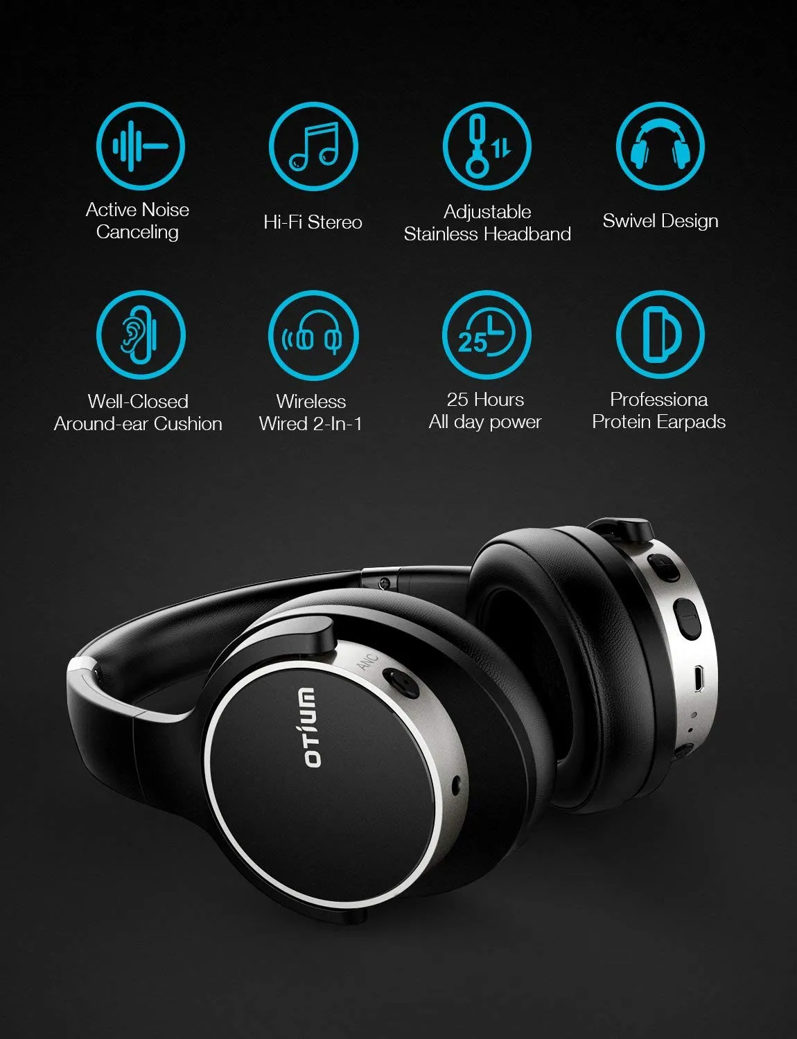 Otium Active Noise Cancelling Bluetooth Headphones, Hi-Fi Stereo Over-Ear Wireless Headsets with Mic, Comfortable Protein Earpads, 20  Hours Playtime for Travel Work TV PC Computer Phone