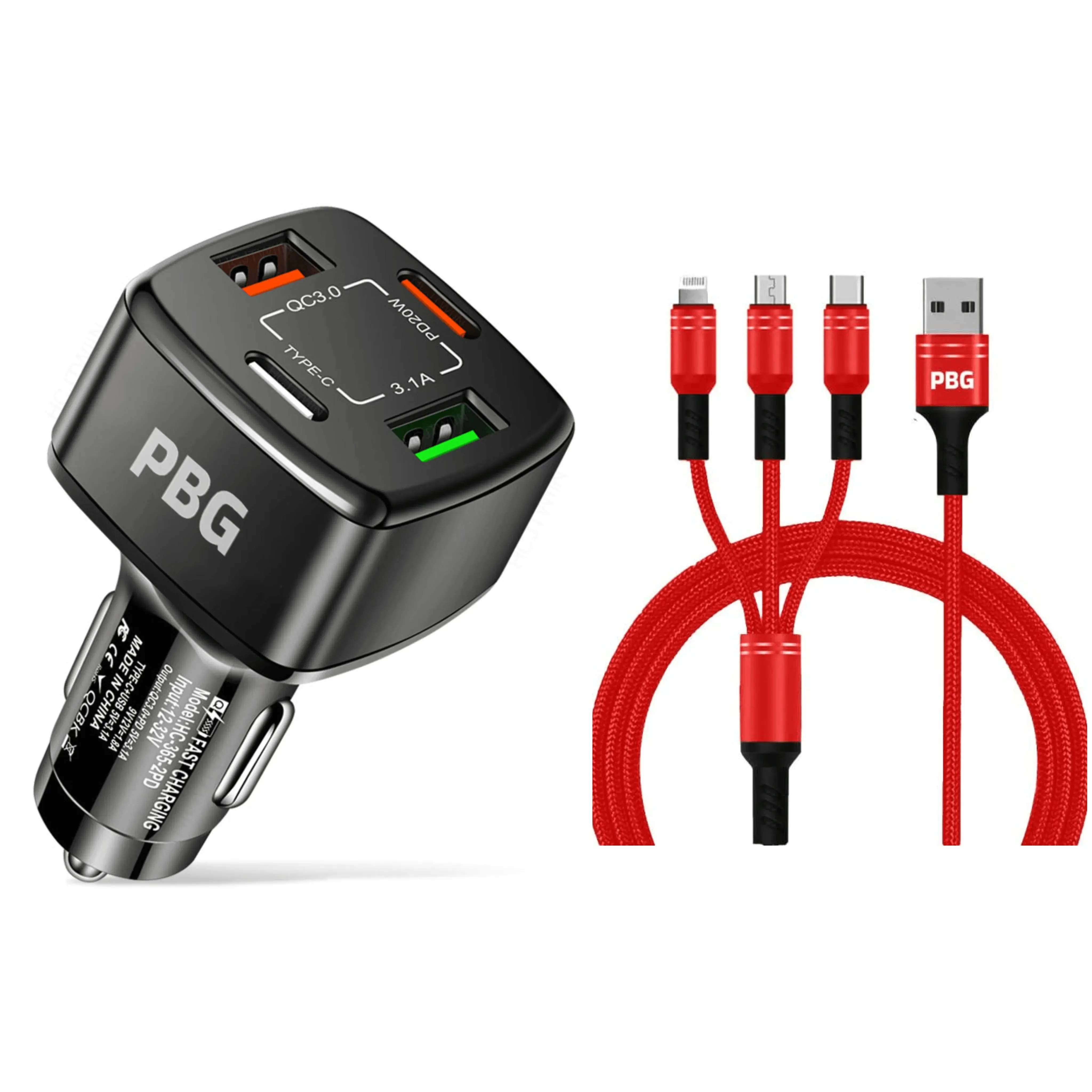 PBG 4 Port Car Charger and 4FT - 3 in 1 Nylon Cable Combo Red