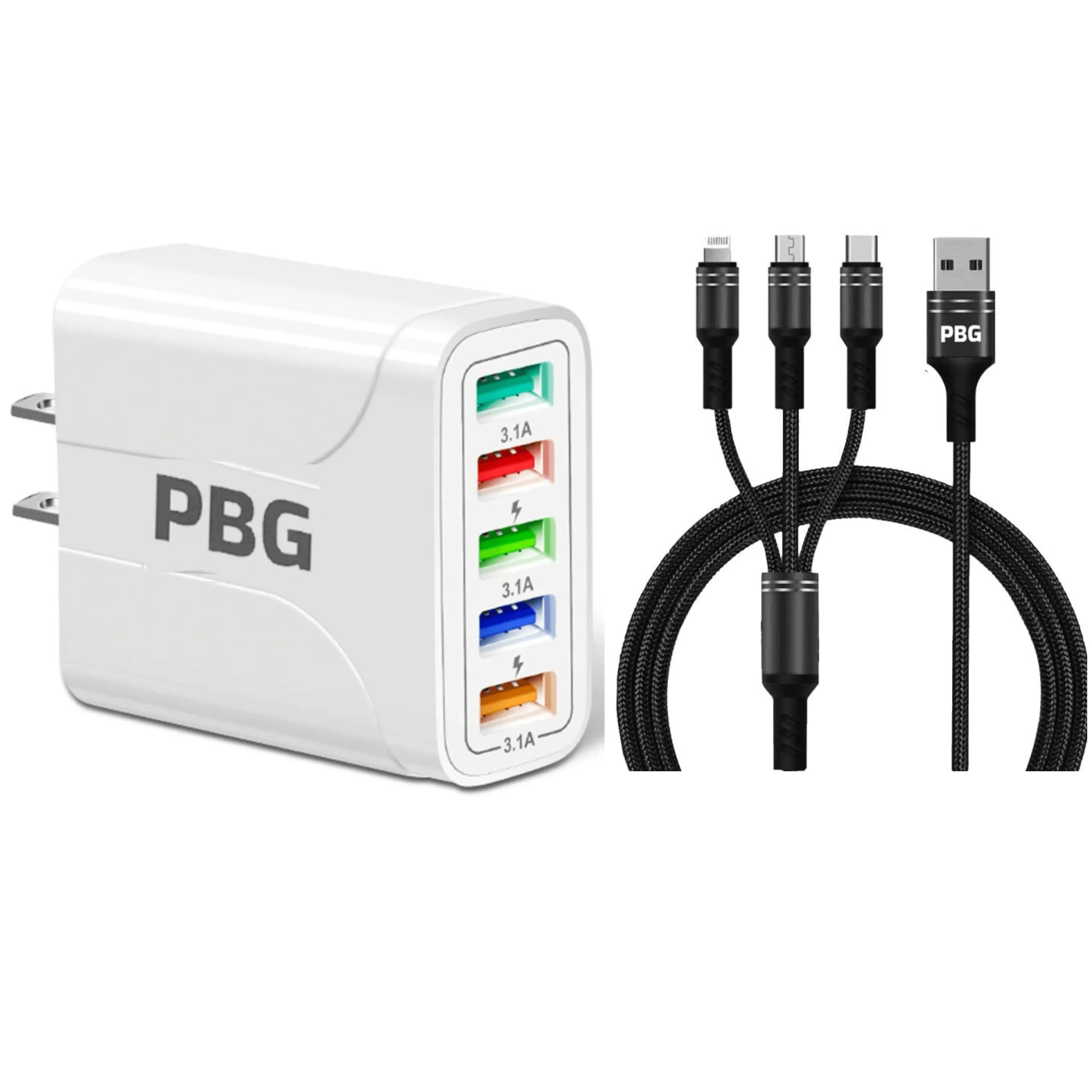 PBG White 5-Port LED Wall Charger & 3-in-1 Nylon Braided Fast Charging Cable