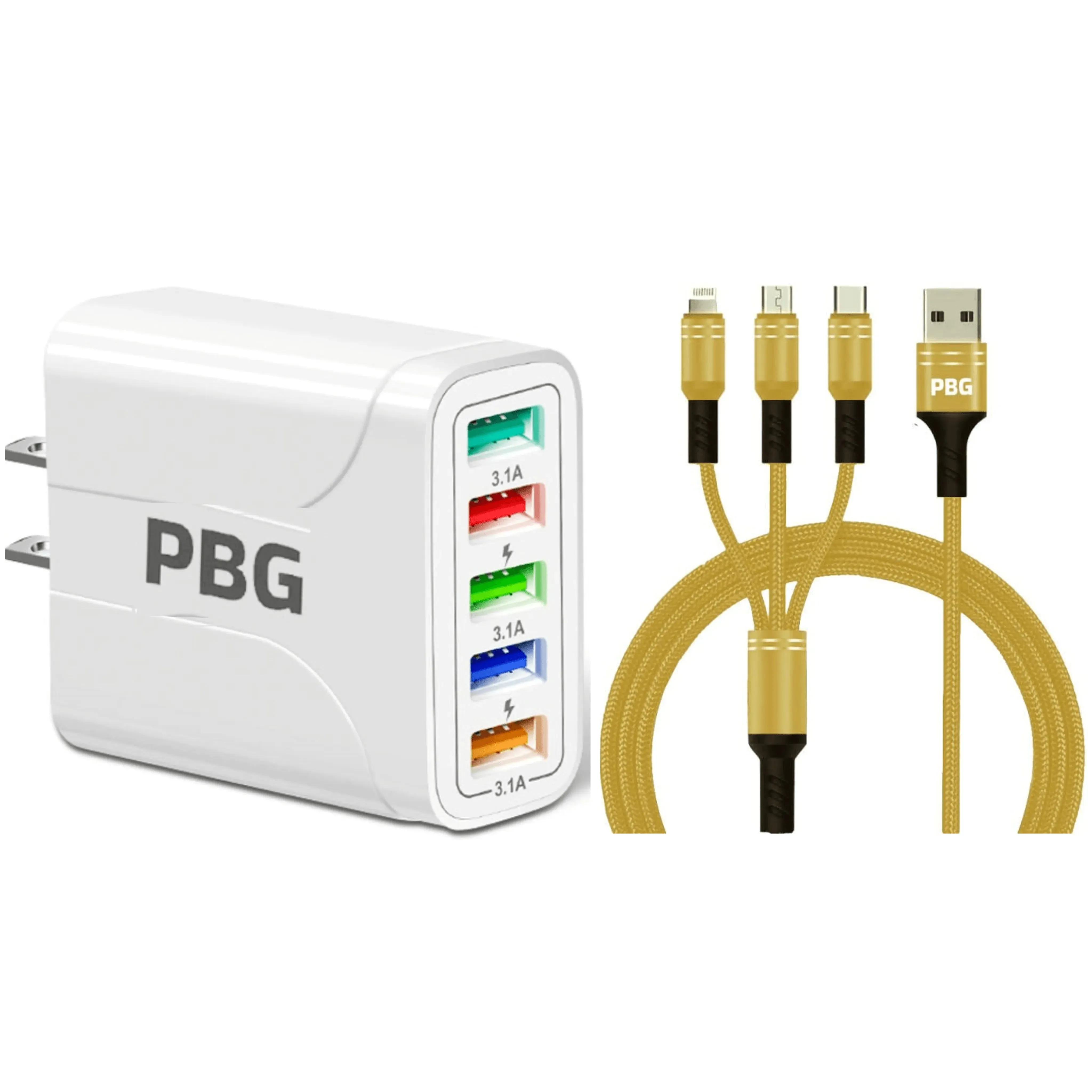 PBG White 5-Port LED Wall Charger & 3-in-1 Nylon Braided Fast Charging Cable