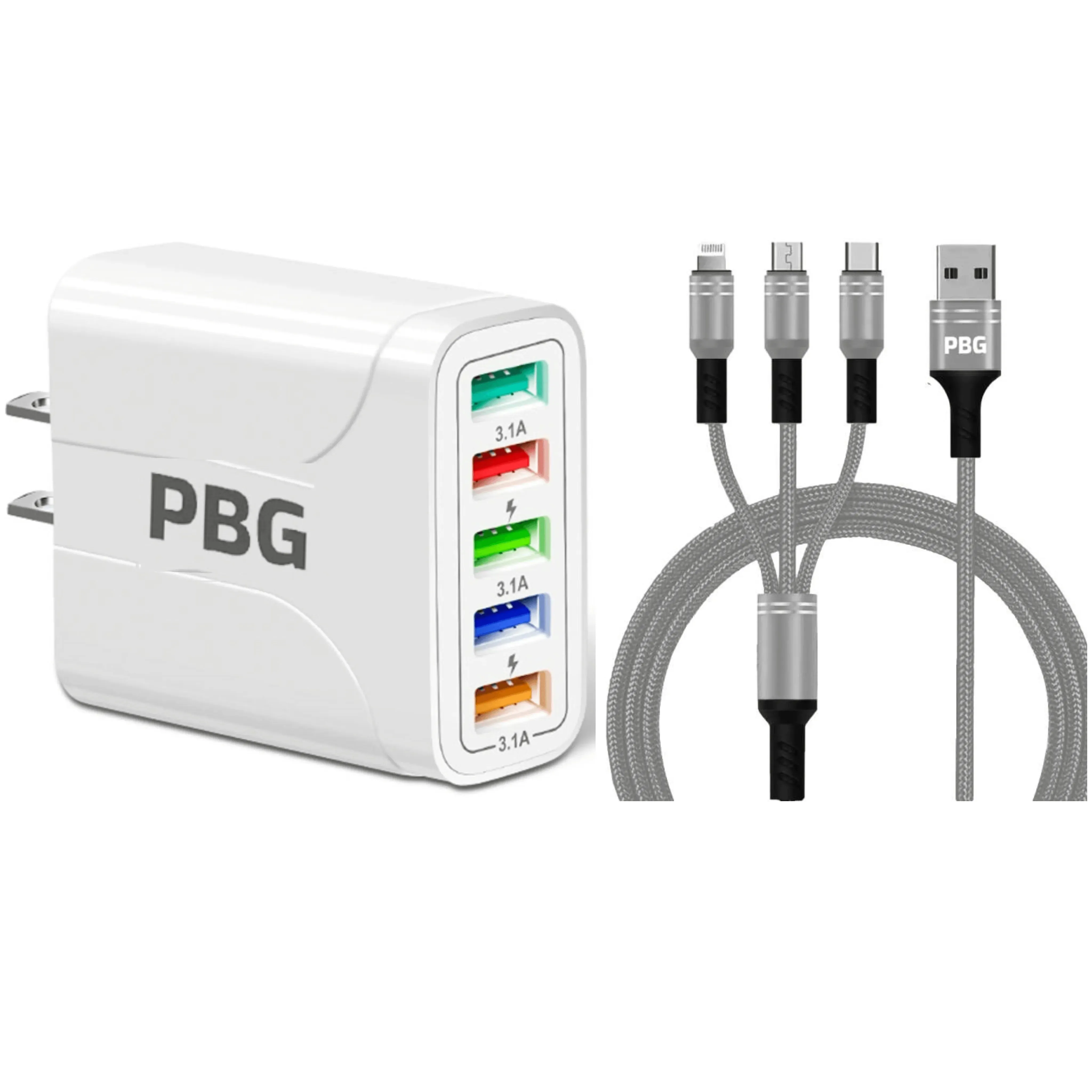 PBG White 5-Port LED Wall Charger & 3-in-1 Nylon Braided Fast Charging Cable