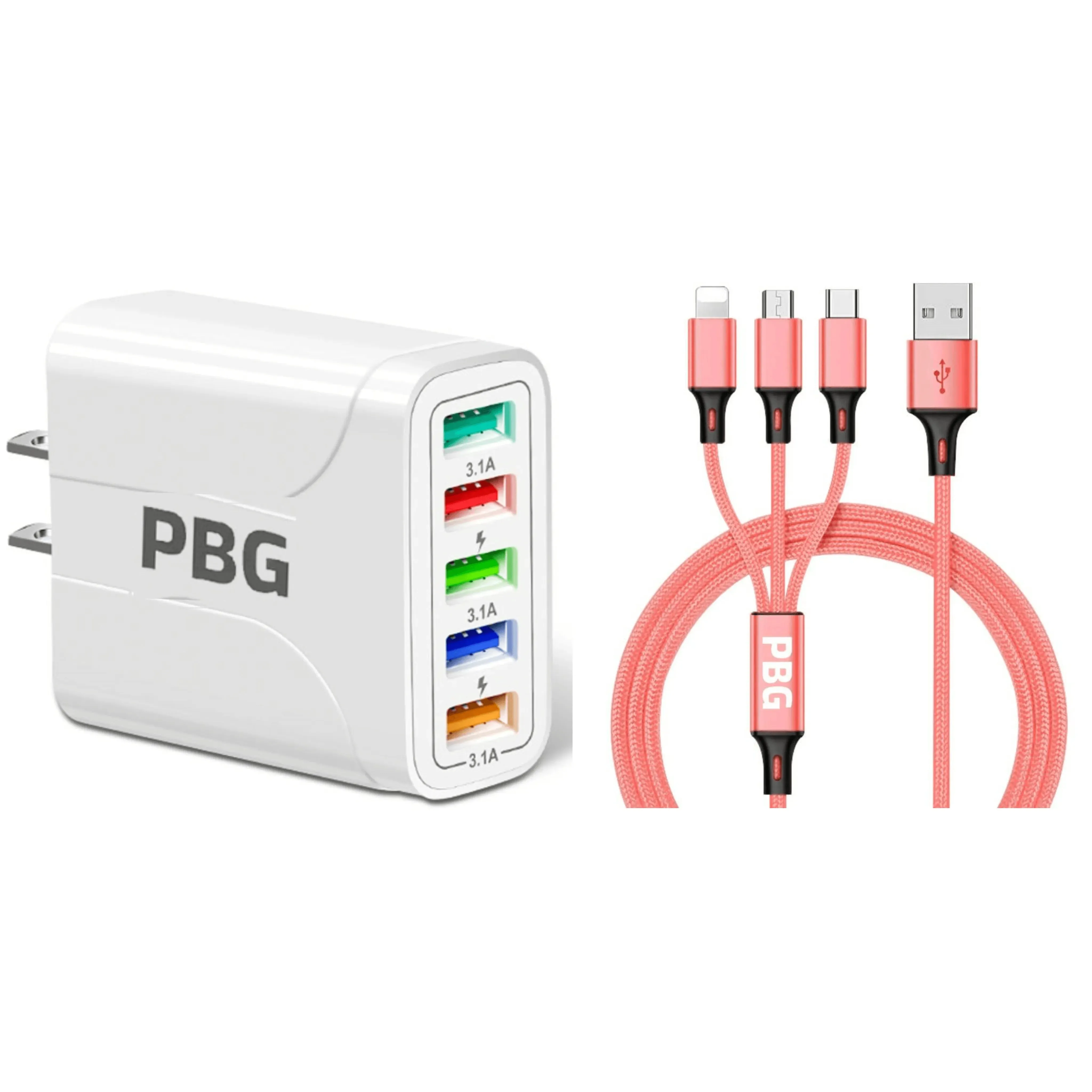 PBG White 5-Port LED Wall Charger & 3-in-1 Nylon Braided Fast Charging Cable