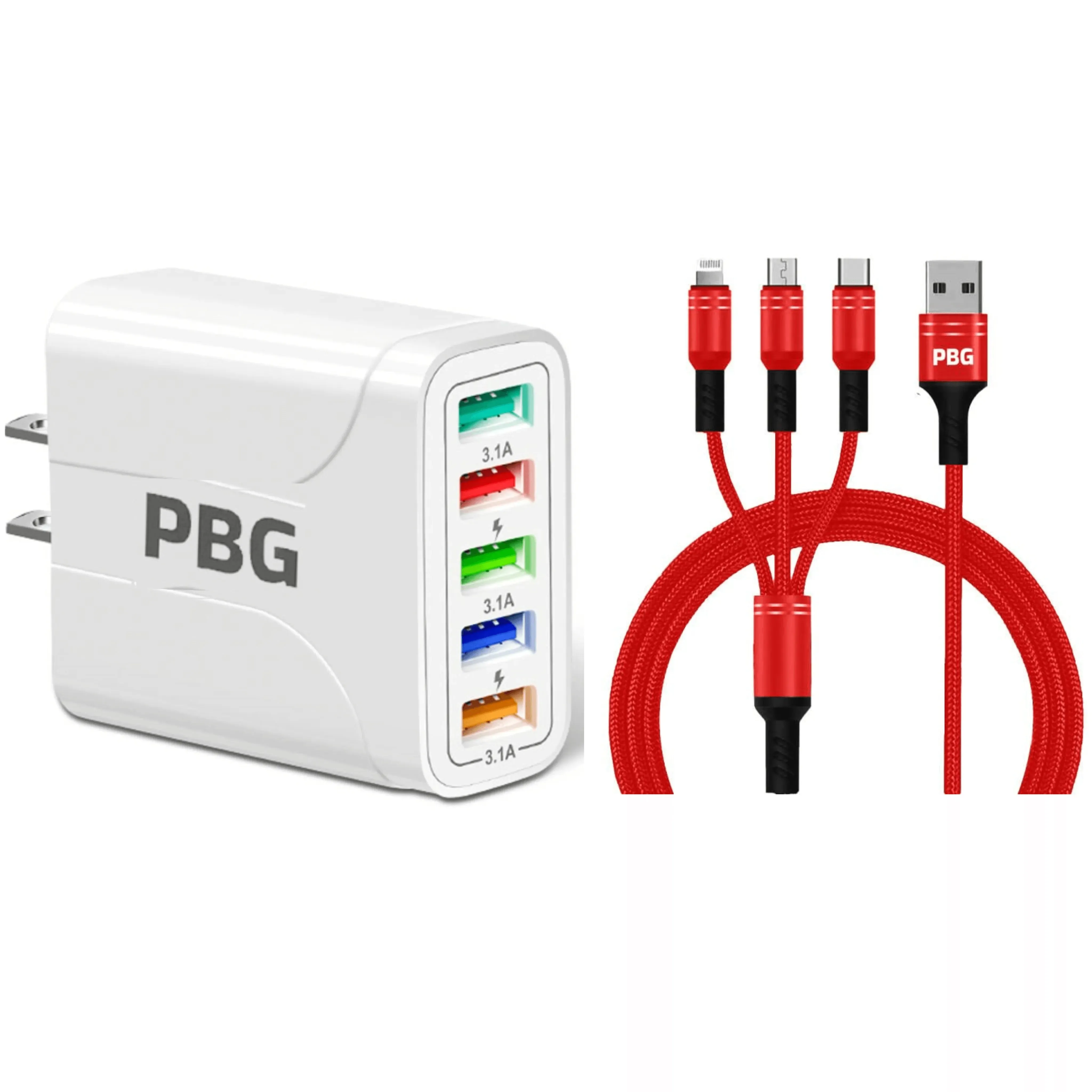 PBG White 5-Port LED Wall Charger & 3-in-1 Nylon Braided Fast Charging Cable