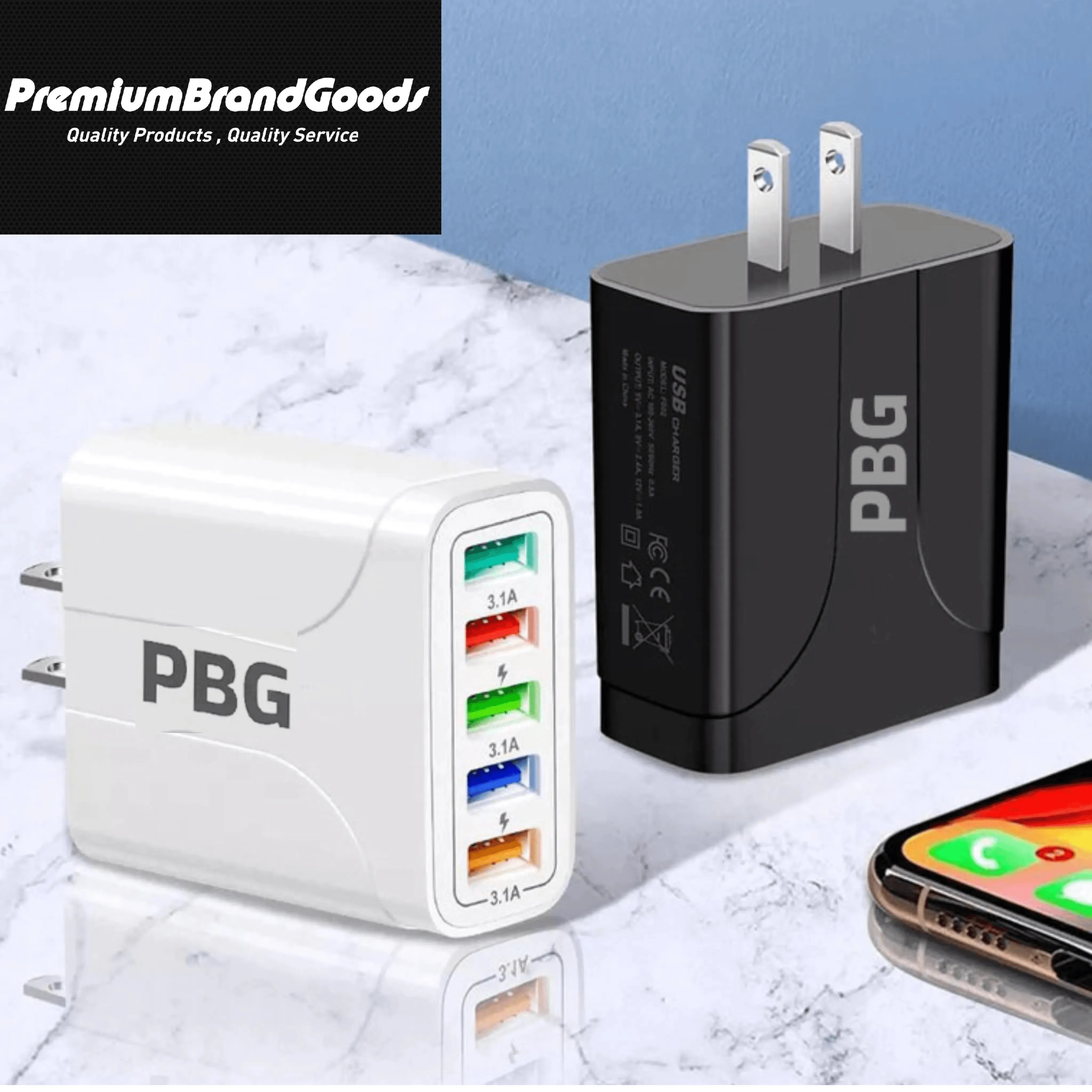 PBG White 5-Port LED Wall Charger & 3-in-1 Nylon Braided Fast Charging Cable