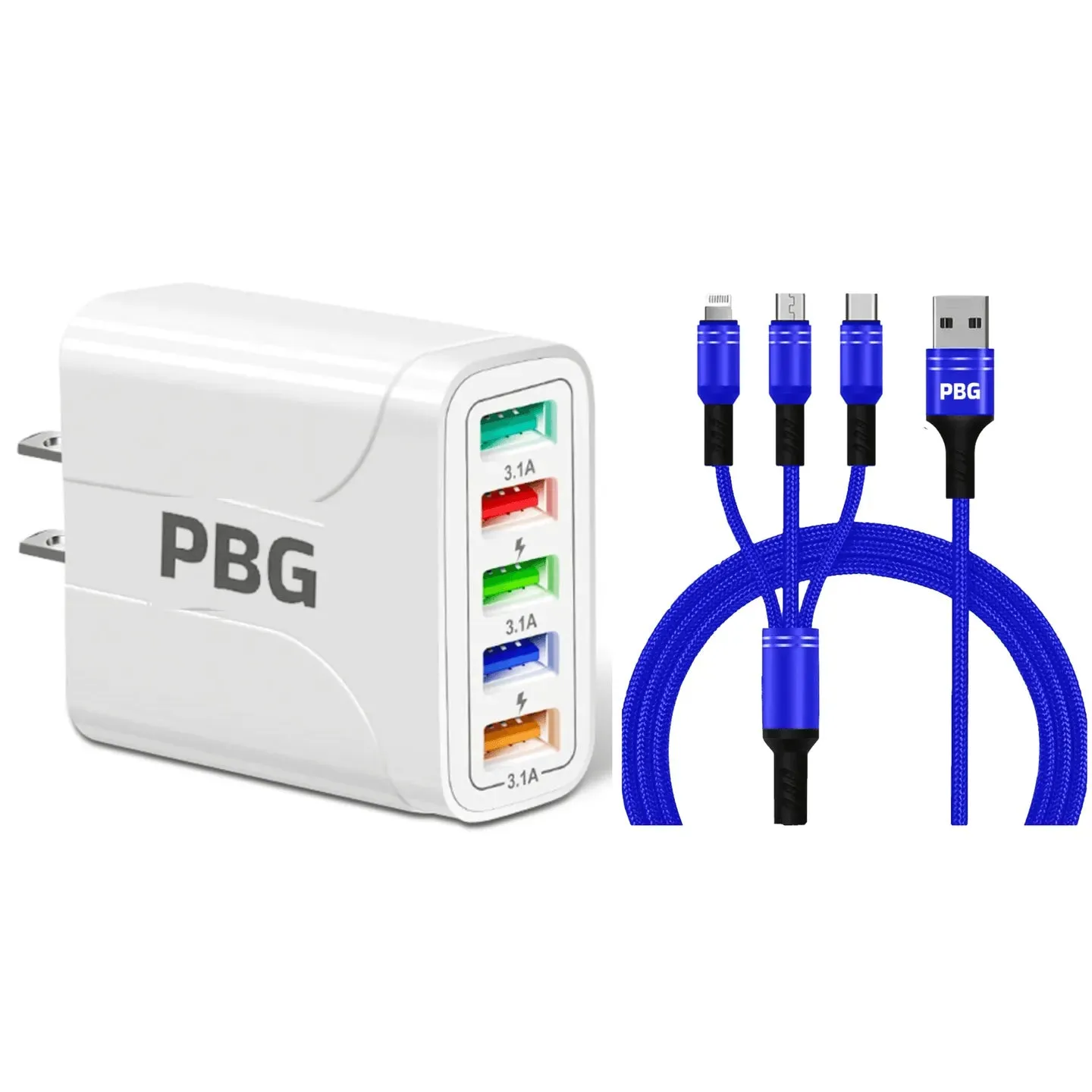 PBG White 5-Port LED Wall Charger & 3-in-1 Nylon Braided Fast Charging Cable