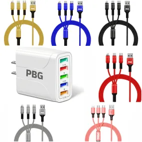 PBG White 5-Port LED Wall Charger & 3-in-1 Nylon Braided Fast Charging Cable