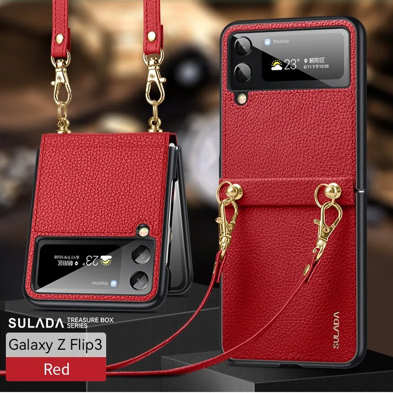 PC Leather Lanyard Hard Shell Folding Phone Case For Samsung z flip