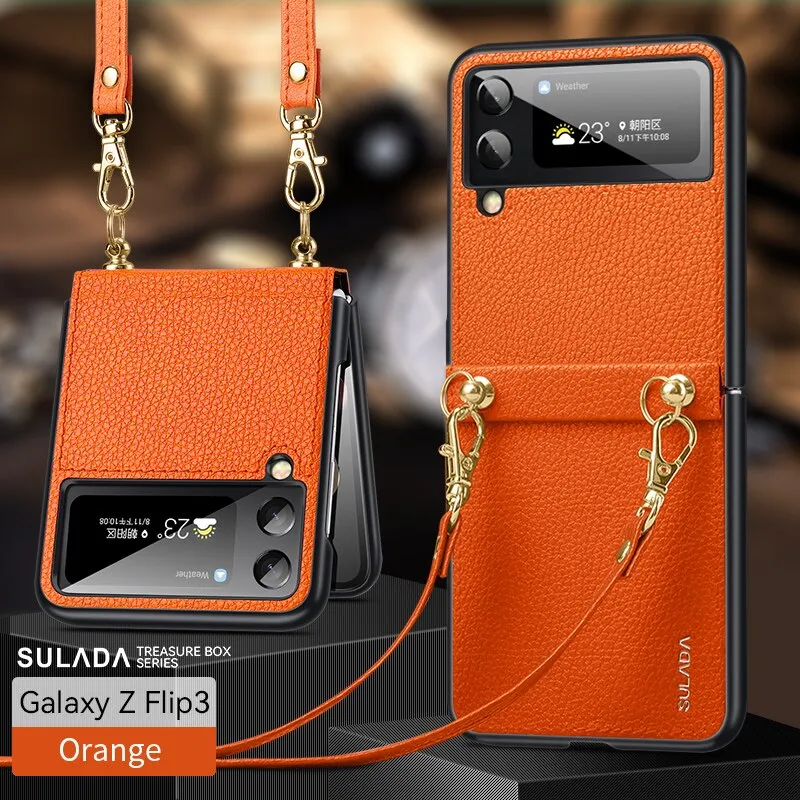 PC Leather Lanyard Hard Shell Folding Phone Case For Samsung z flip