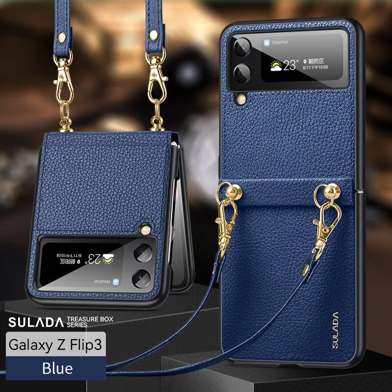 PC Leather Lanyard Hard Shell Folding Phone Case For Samsung z flip