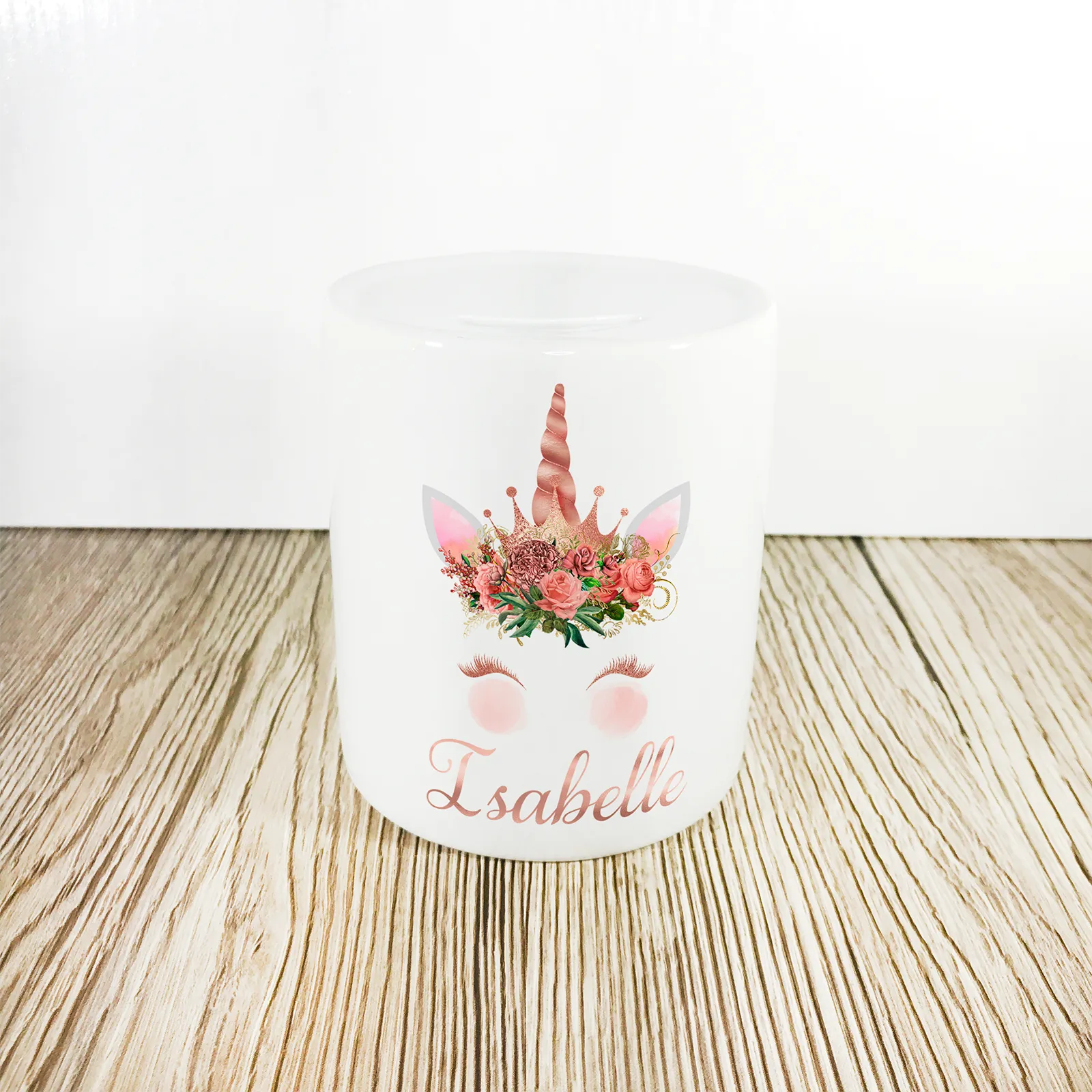 Personalised Unicorn Money Pot | Rose Gold Flowers & Horn