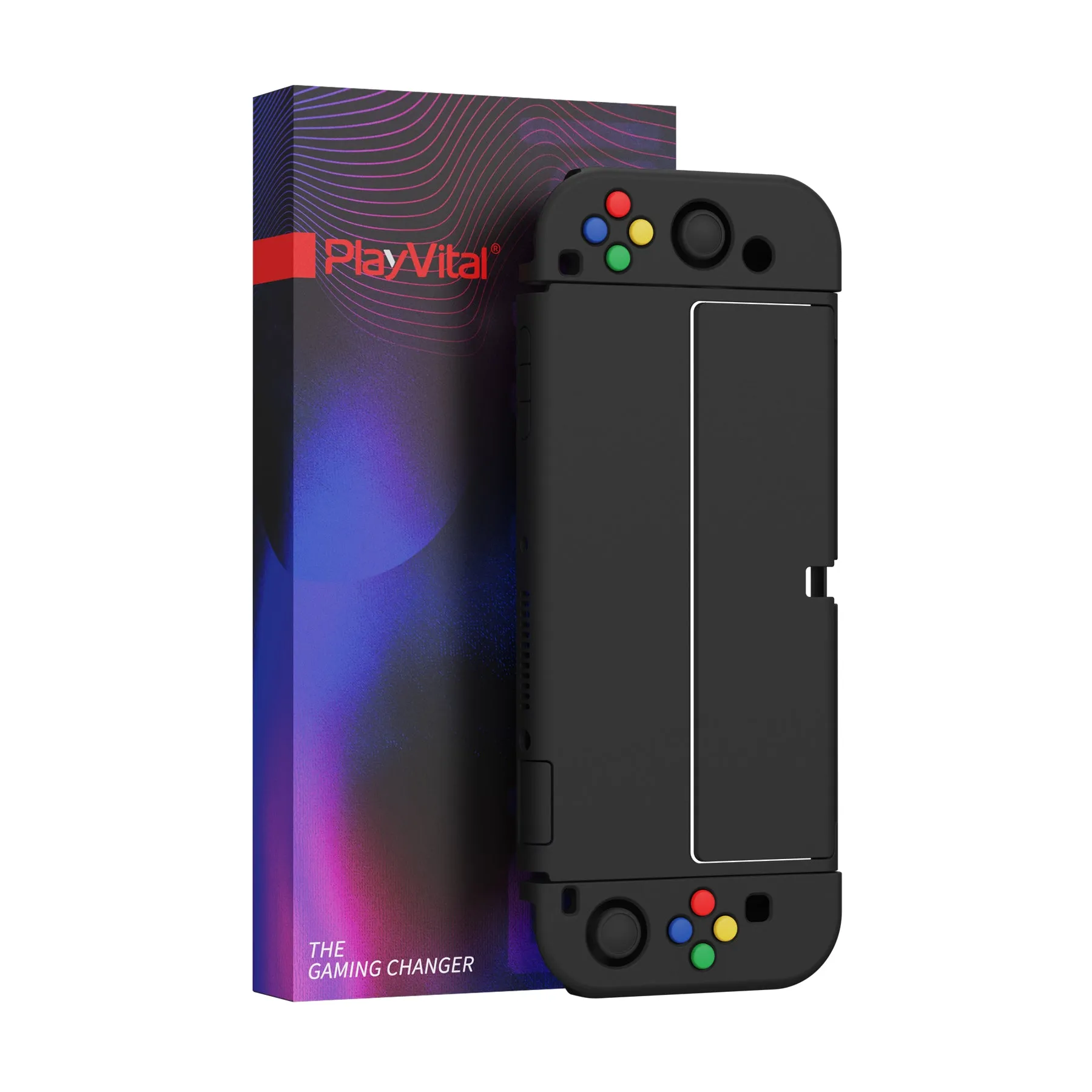 PlayVital AlterGrips Glossy Protective Slim Case for Nintendo Switch OLED, Ergonomic Grip Cover for Joycon, Dockable Hard Shell for Switch OLED w/Thumb Grip Caps & Button Caps - Black - JSOYP3011