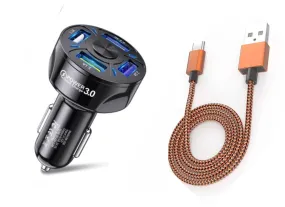 QC 3.0 4-Port LED Car Charger & 10FT Orange Nylon iPhone Cable Combo