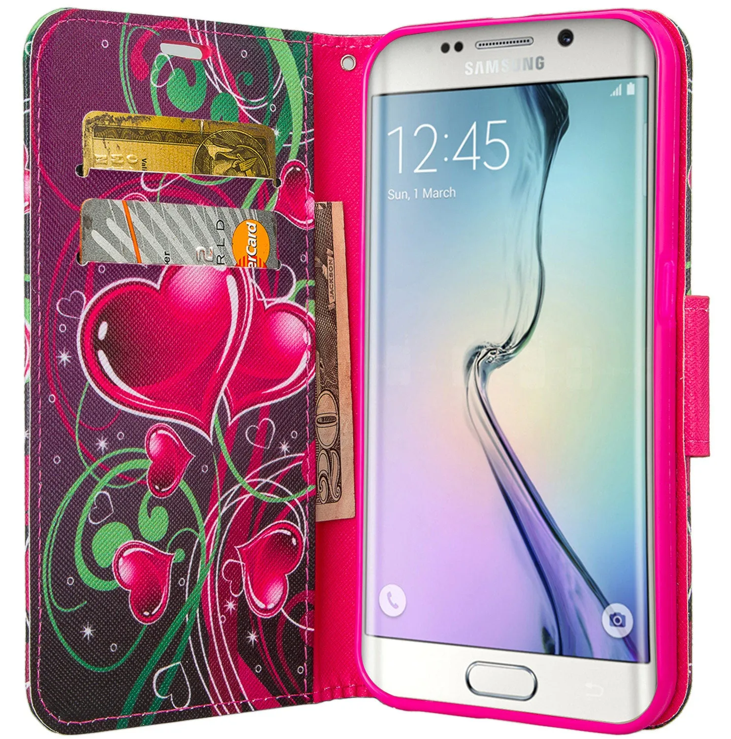 Samsung Galaxy S6 Edge Case, Wrist Strap Flip Fold[Kickstand] Pu Leather Wallet Case with ID & Card Slots for Galaxy S6 Edge - Heart Strings