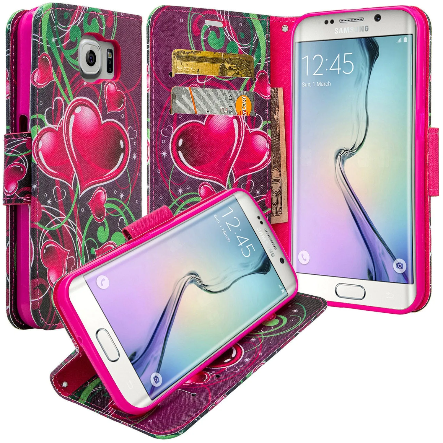 Samsung Galaxy S6 Edge Case, Wrist Strap Flip Fold[Kickstand] Pu Leather Wallet Case with ID & Card Slots for Galaxy S6 Edge - Heart Strings