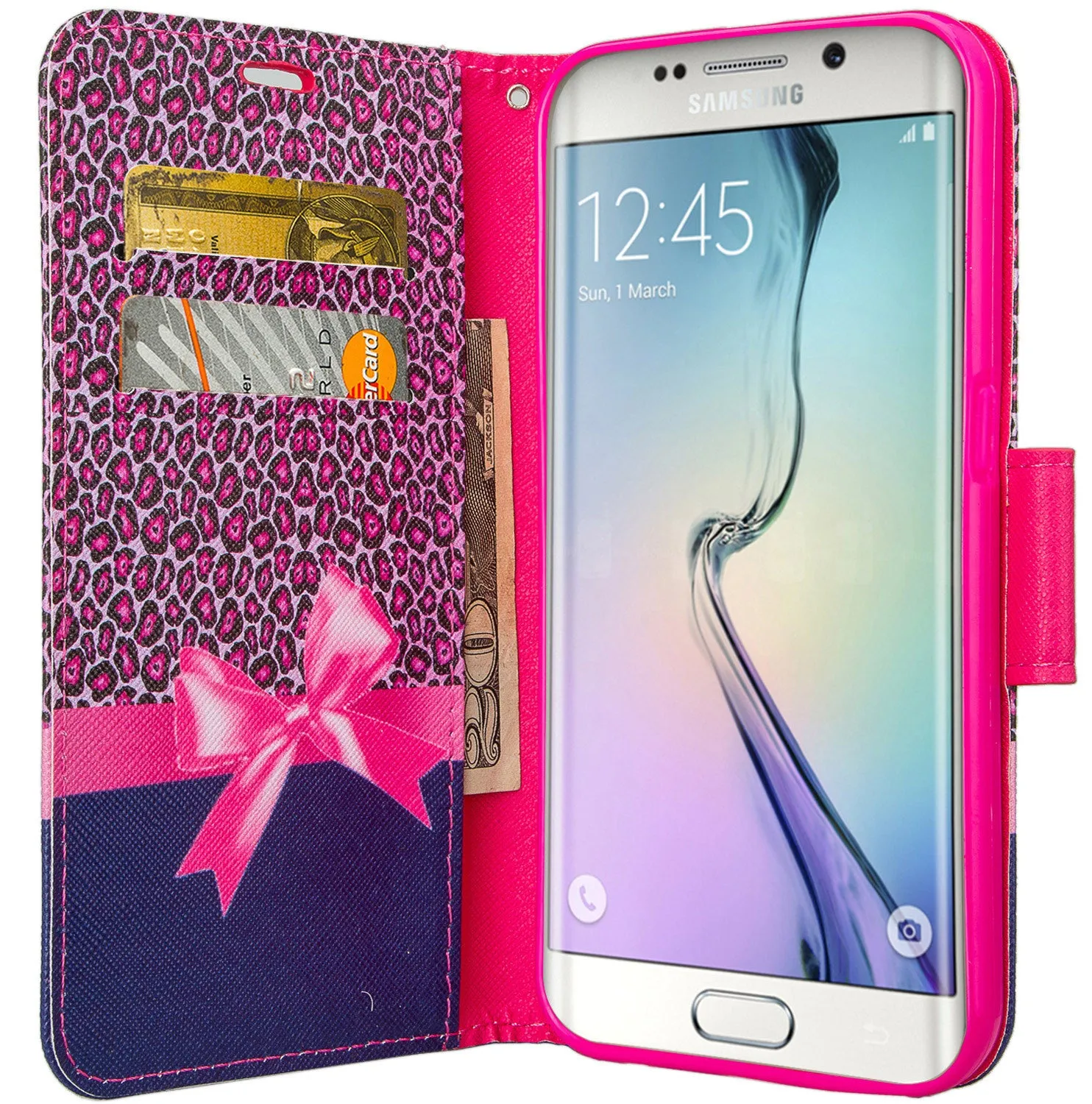 Samsung Galaxy S7 Wallet Case, Wrist Strap Pu Leather Magnetic Flip Fold[Kickstand] with ID & Card Slots for Galaxy S7 - Cheetah Prints