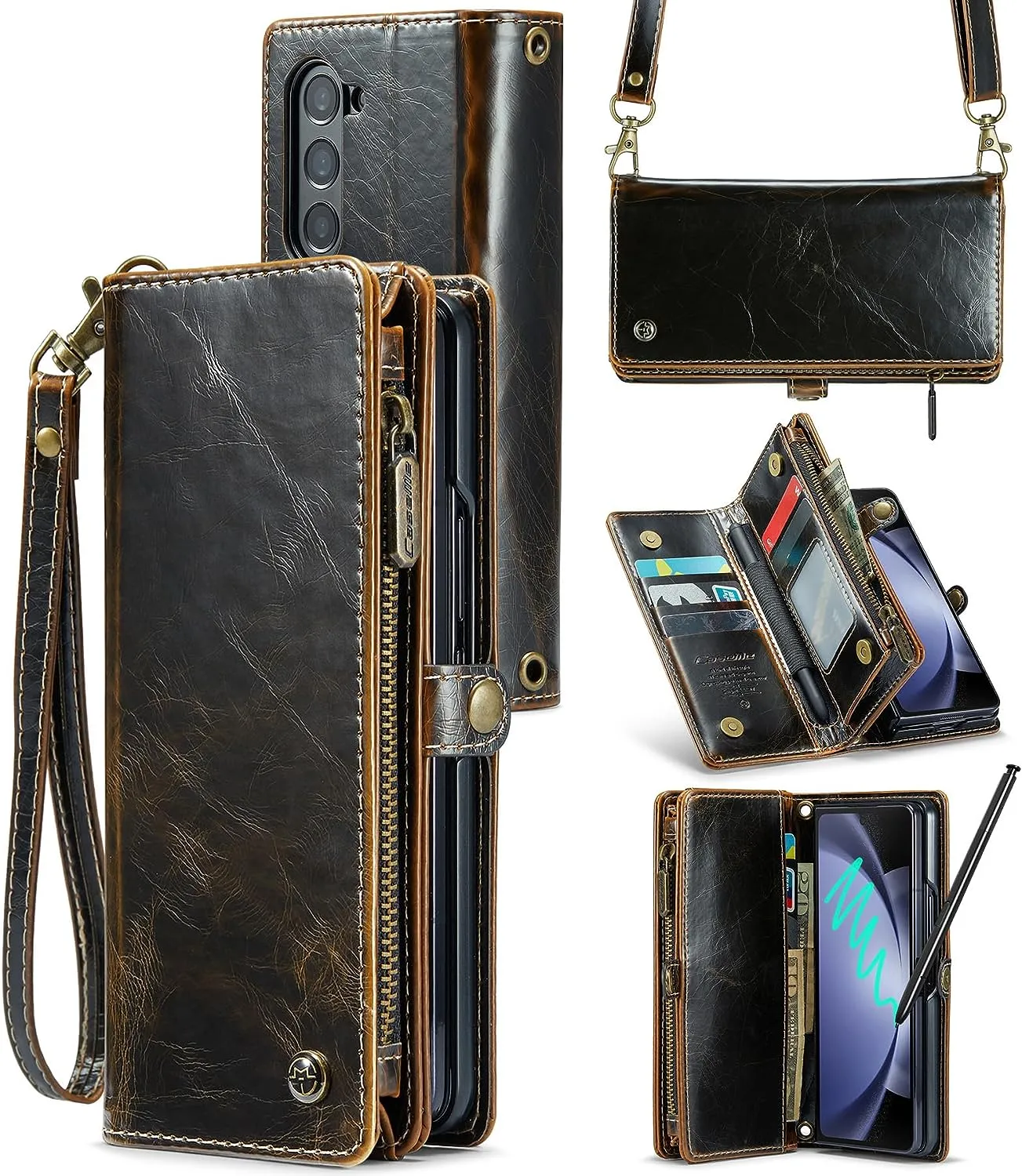 Samsung Galaxy Z Fold 5 Wallet S Pen Holder PU Leather Strap Wristlet Flip  Magnetic Closure Card Holder