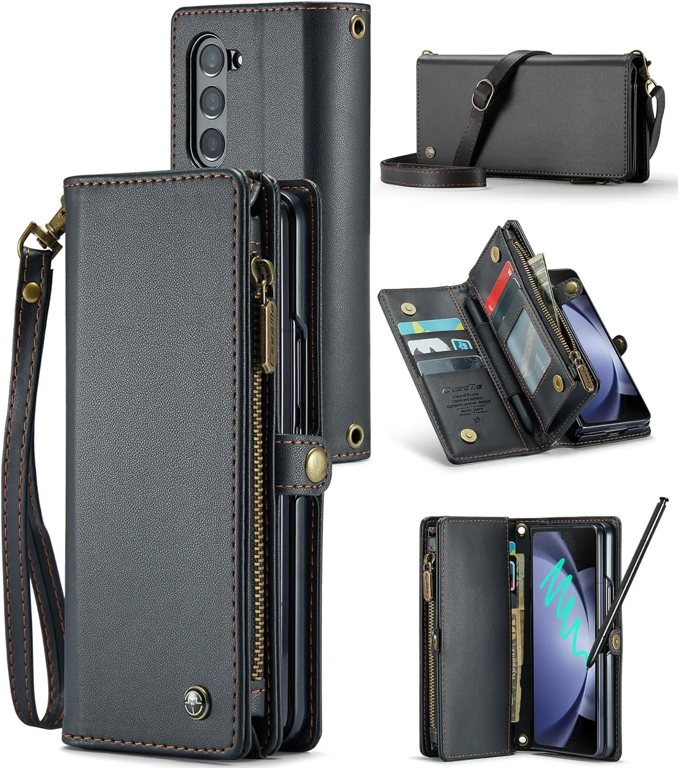 Samsung Galaxy Z Fold 5 Wallet S Pen Holder PU Leather Strap Wristlet Flip  Magnetic Closure Card Holder