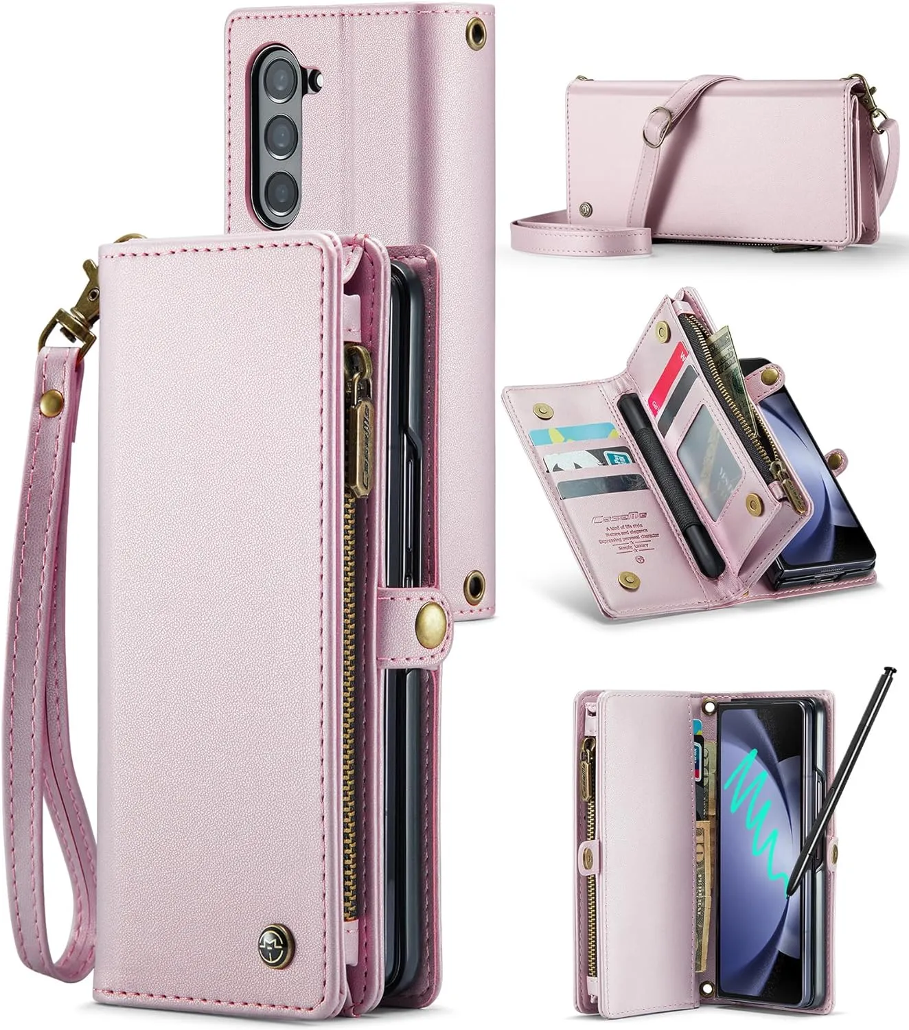 Samsung Galaxy Z Fold 5 Wallet S Pen Holder PU Leather Strap Wristlet Flip  Magnetic Closure Card Holder