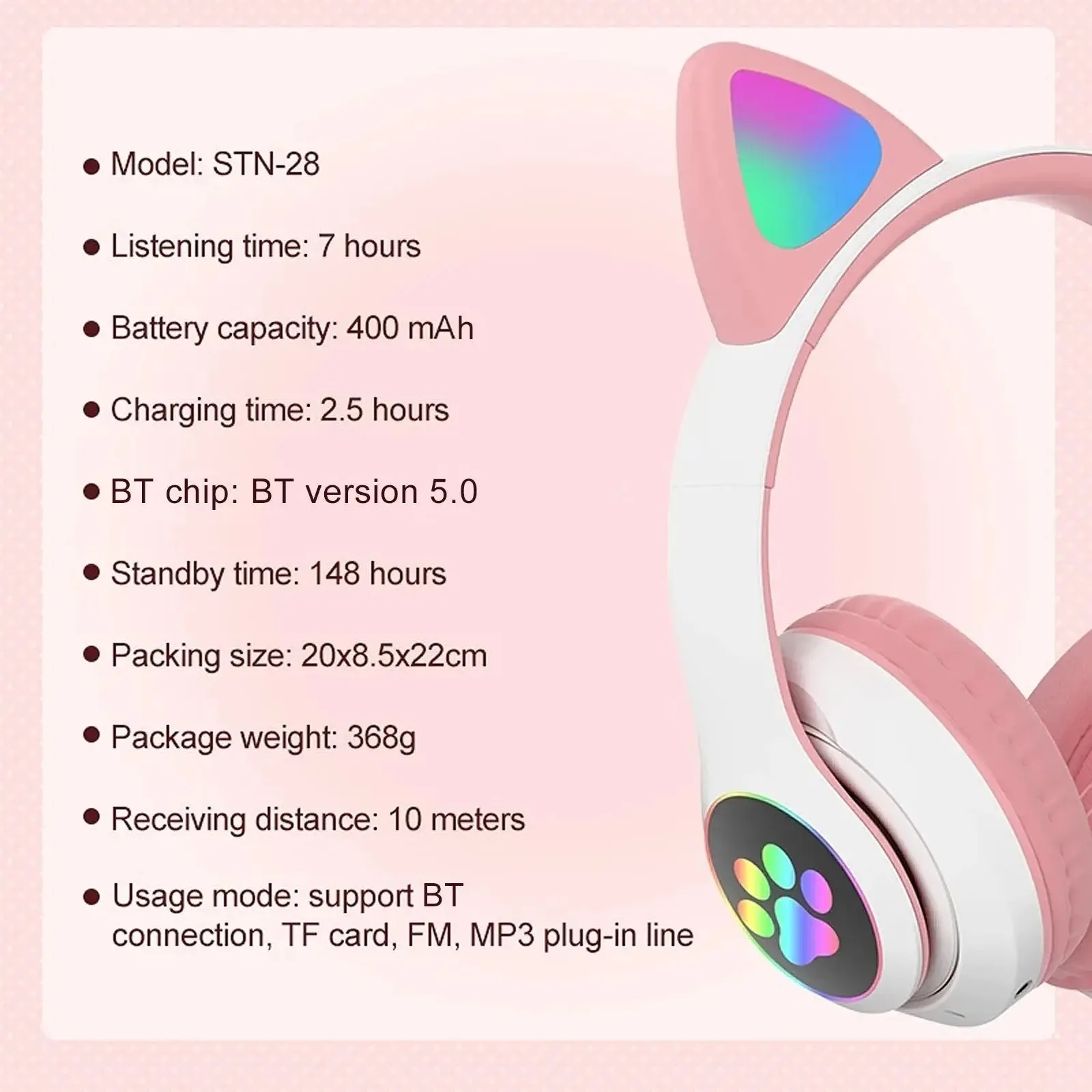 STN-28 Over Ear Music Headset Glowing Cat Ear Headphones Foldable