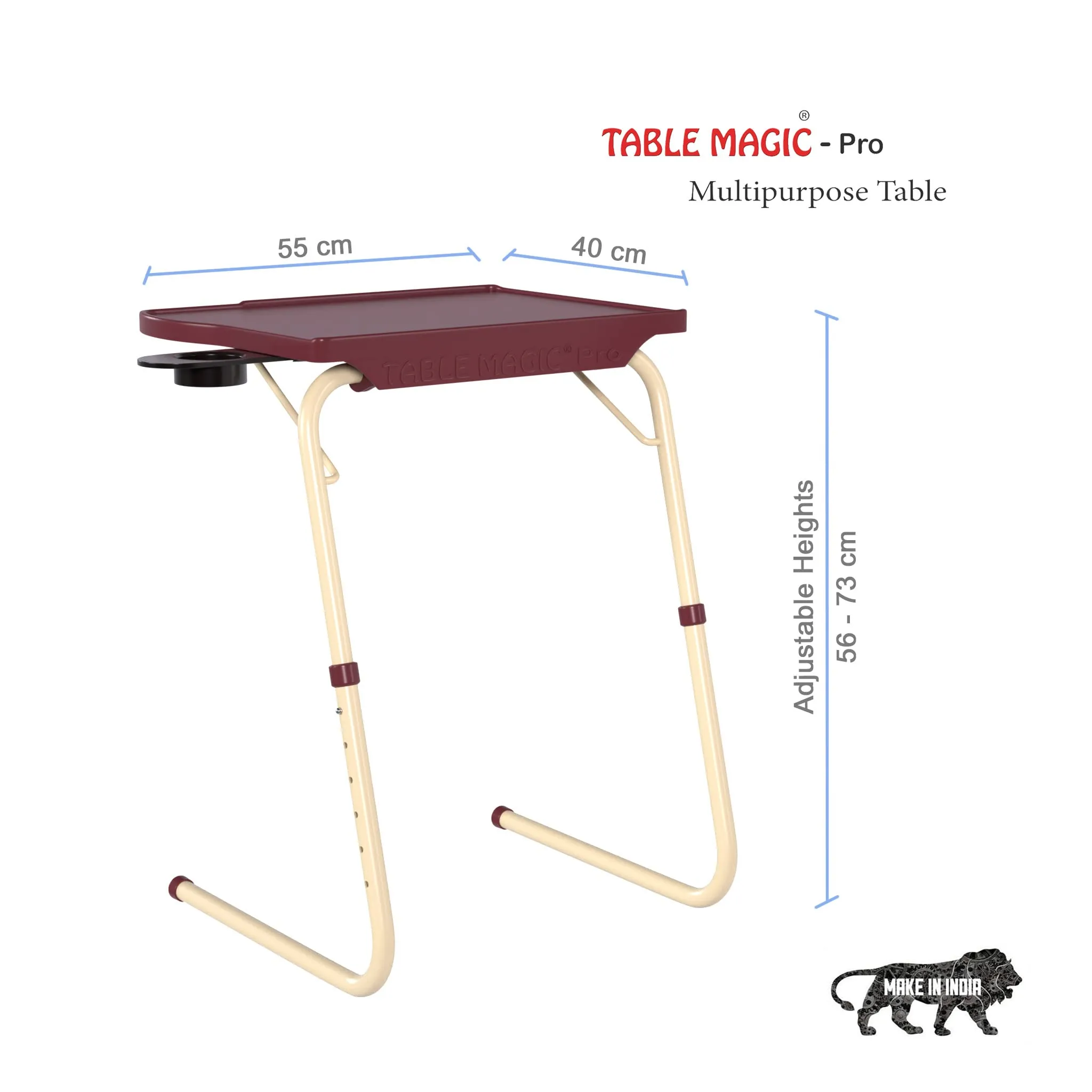 TABLE MAGIC Alloy Steel - Pro Extended Work Space Table Mat Finish Top Abs & Steel Frame, 55 * 40 * 73Cm Multipurpose Laptop Table With 6 Heights, 3 Angles Adjustable (Pro- Brown, Large)