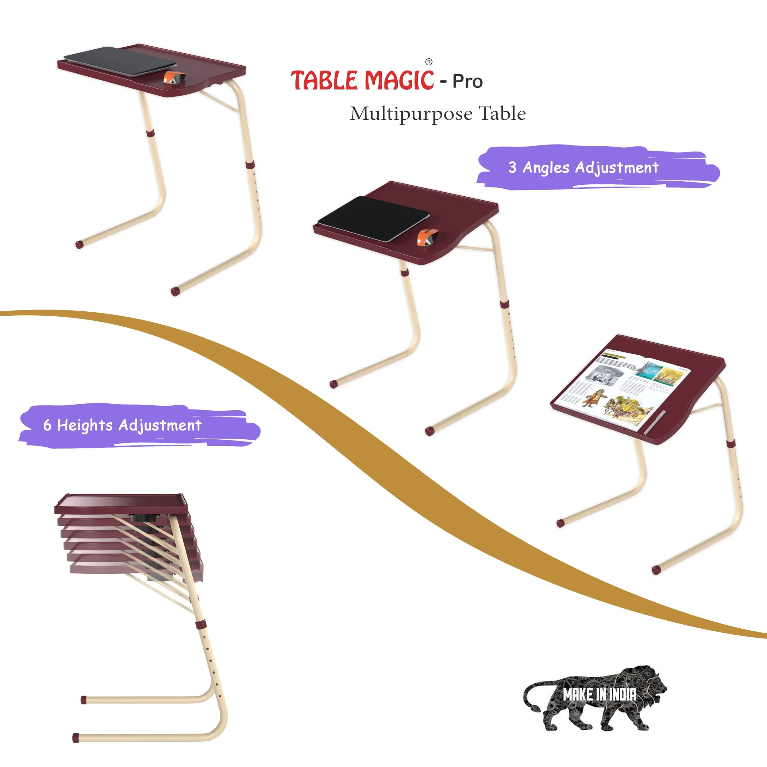 TABLE MAGIC Alloy Steel - Pro Extended Work Space Table Mat Finish Top Abs & Steel Frame, 55 * 40 * 73Cm Multipurpose Laptop Table With 6 Heights, 3 Angles Adjustable (Pro- Brown, Large)