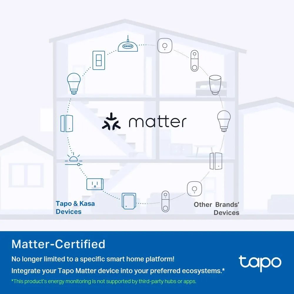 Tapo Mini Wi-Fi Smart Plug | Matter Certified, Energy Monitoring, Alexa, Google & Apple Home Compatible | Schedule & Timer, Voice Control (Tapo P110MA)