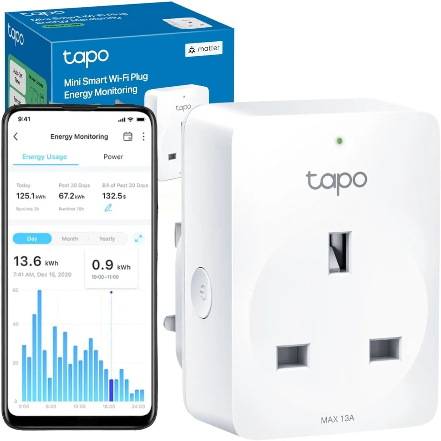 Tapo Mini Wi-Fi Smart Plug | Matter Certified, Energy Monitoring, Alexa, Google & Apple Home Compatible | Schedule & Timer, Voice Control (Tapo P110MA)