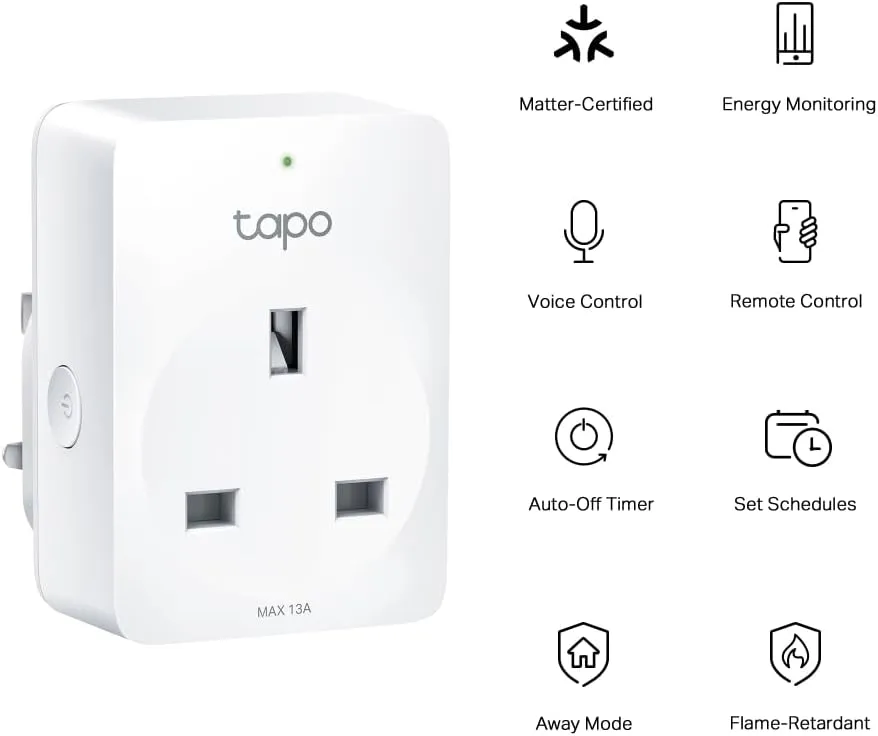 Tapo Mini Wi-Fi Smart Plug | Matter Certified, Energy Monitoring, Alexa, Google & Apple Home Compatible | Schedule & Timer, Voice Control (Tapo P110MA)