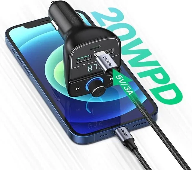 UGREEN Car Lighter FM Transmitter with Built-in Bluetooth Controls USB-C PD Power Delivery and USB-A Fast Charging Ports | 80910