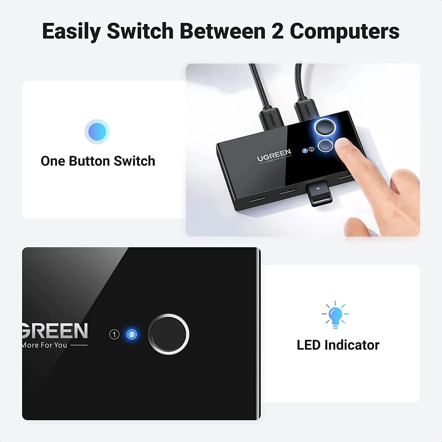 UGREEN USB 3.0 Switch Selector 2 Computers Share 4 USB 3.0 Ports KVM Switcher USB for PC Laptop Keyboard Mouse Printer Scanner One Button Switch Adapter with 2 Pack USB 3.0 Cables