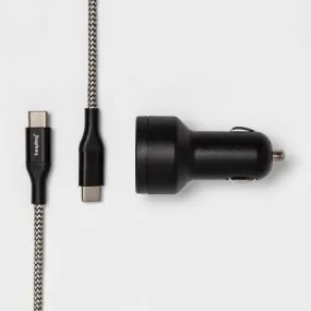 USB Car Charger with 6' USB-C to USB-C Braided Cable - heyday Matte Black