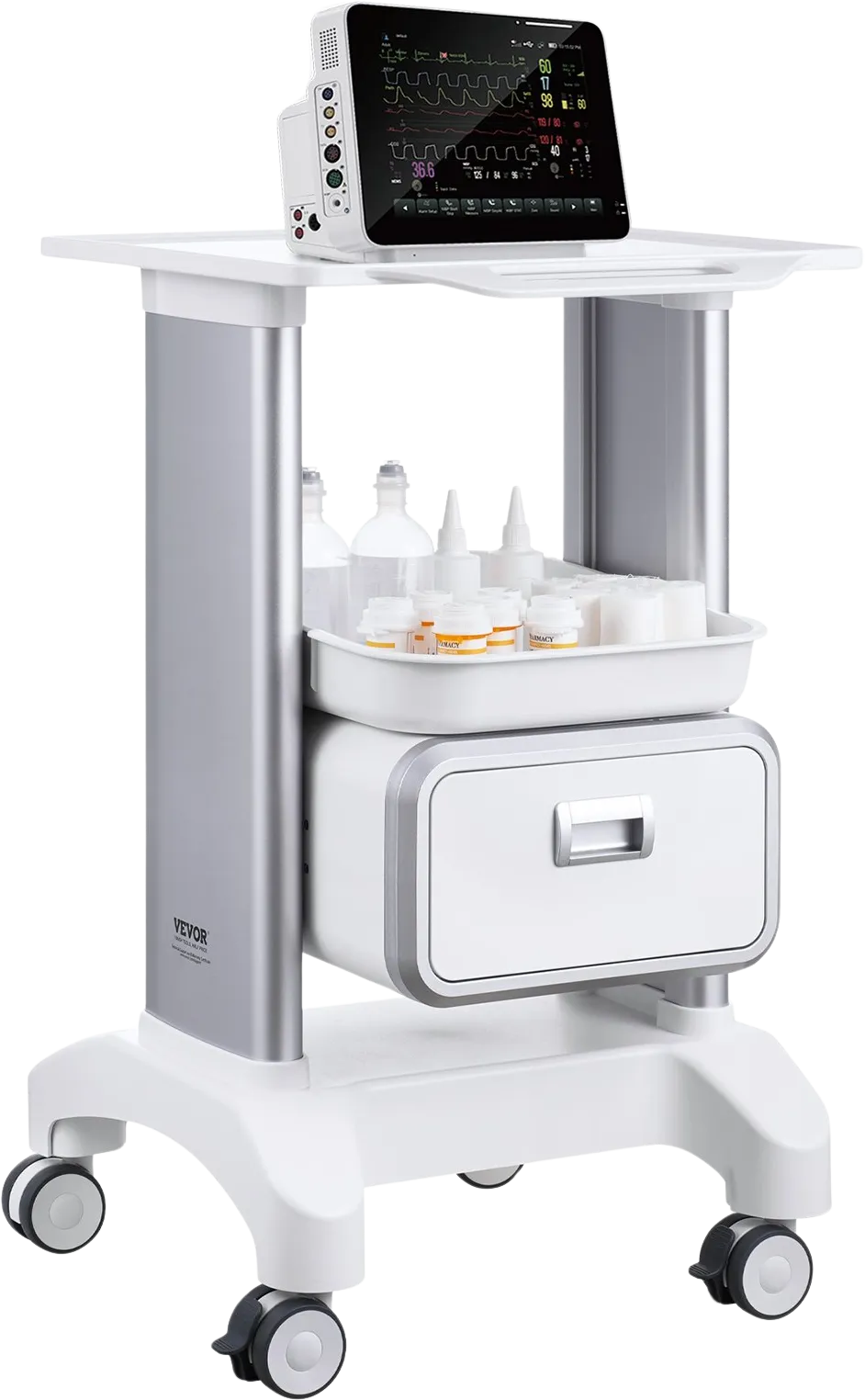 Vevor Lab Cart 2-Tier Mobile Medical Cart 110 Lbs Capacity with 1 Drawer and Large Top Tray White New