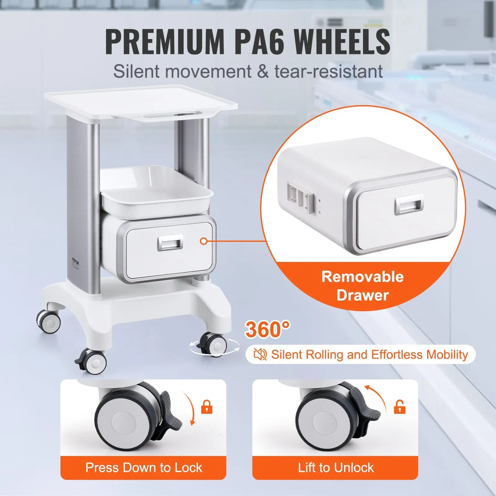 Vevor Lab Cart 2-Tier Mobile Medical Cart 110 Lbs Capacity with 1 Drawer and Large Top Tray White New