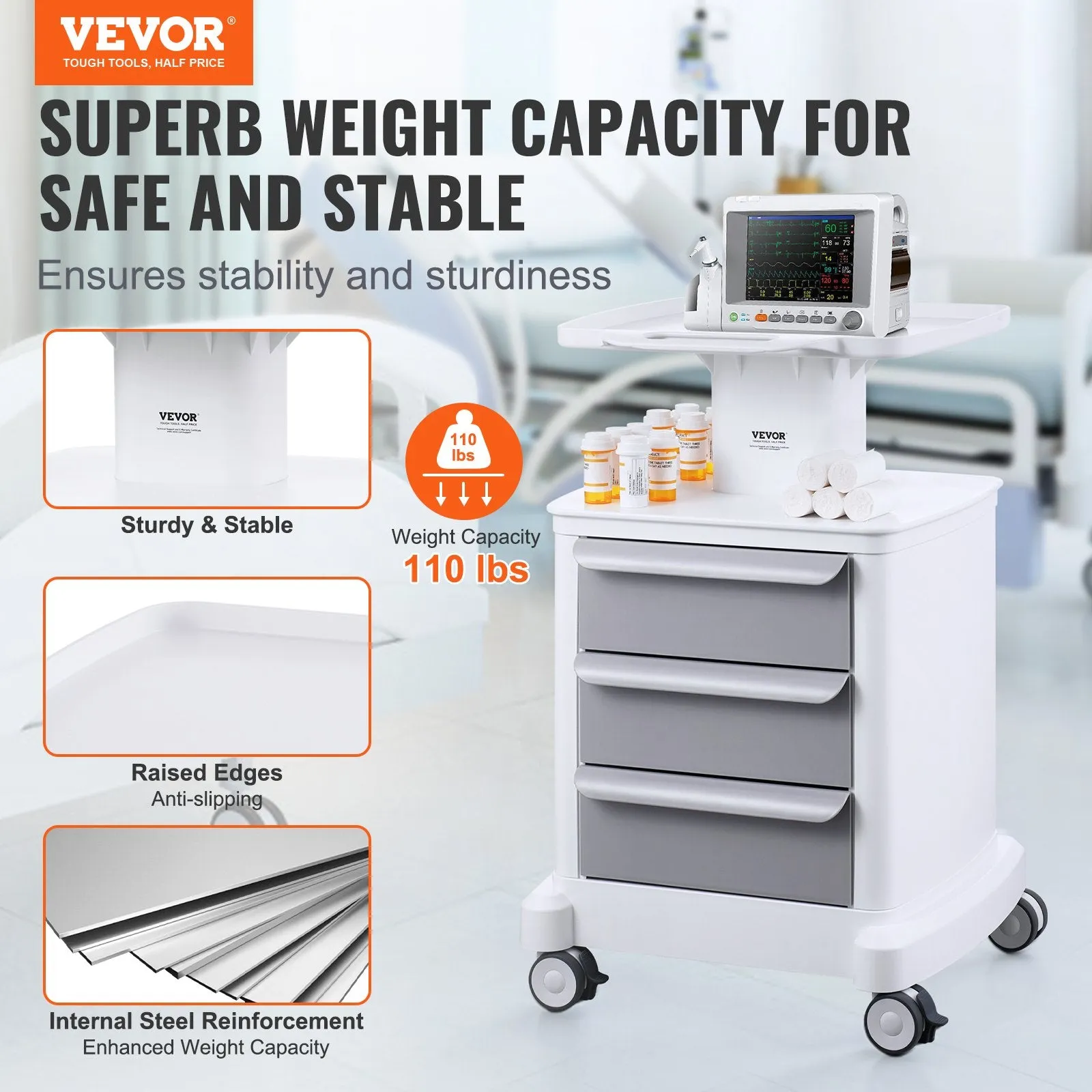 Vevor Lab Cart 4-Tier Mobile Medical Cart 110 Lbs Capacity with 3 Drawers and Large Top Tray White New