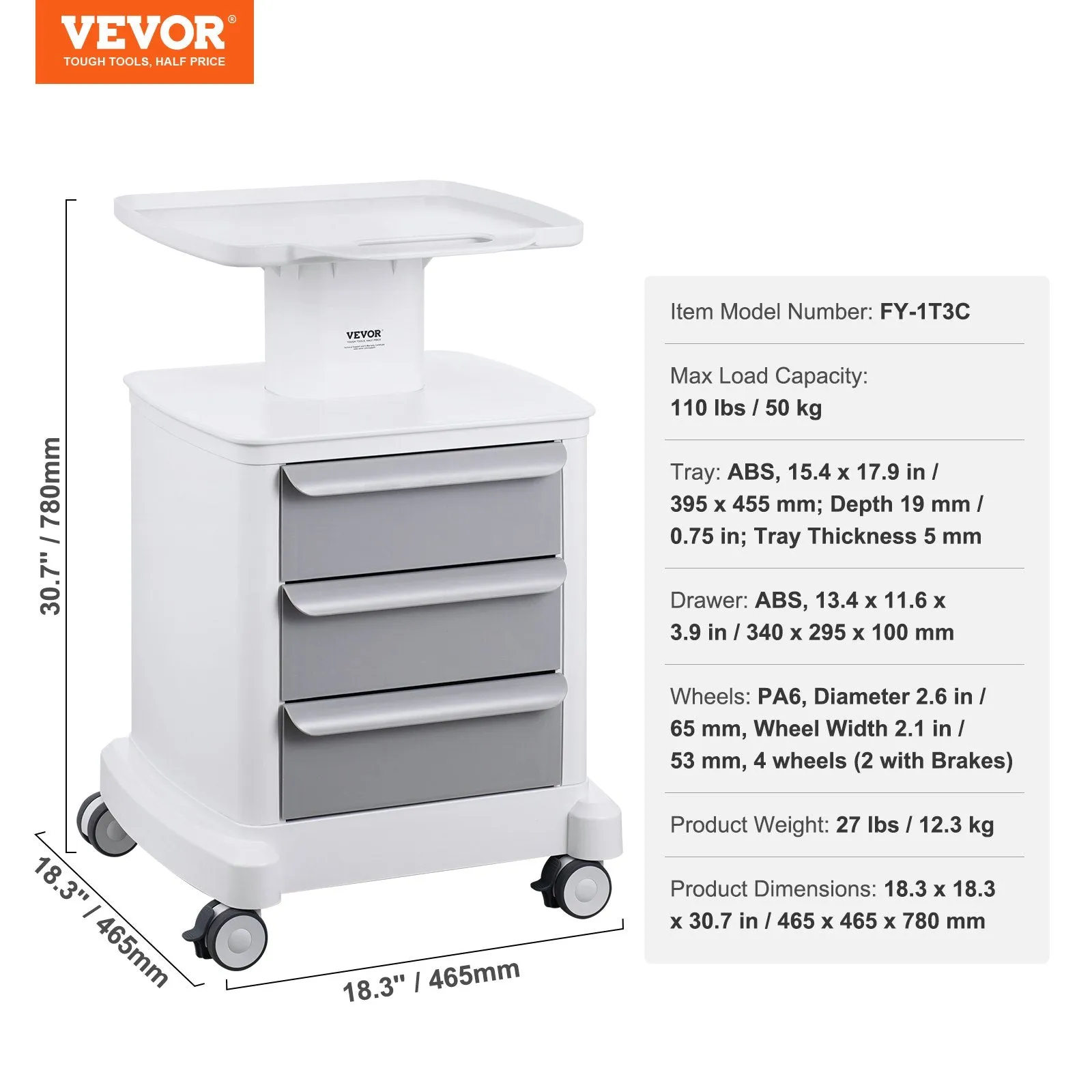 Vevor Lab Cart 4-Tier Mobile Medical Cart 110 Lbs Capacity with 3 Drawers and Large Top Tray White New