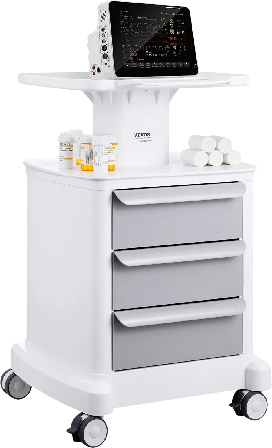 Vevor Lab Cart 4-Tier Mobile Medical Cart 110 Lbs Capacity with 3 Drawers and Large Top Tray White New