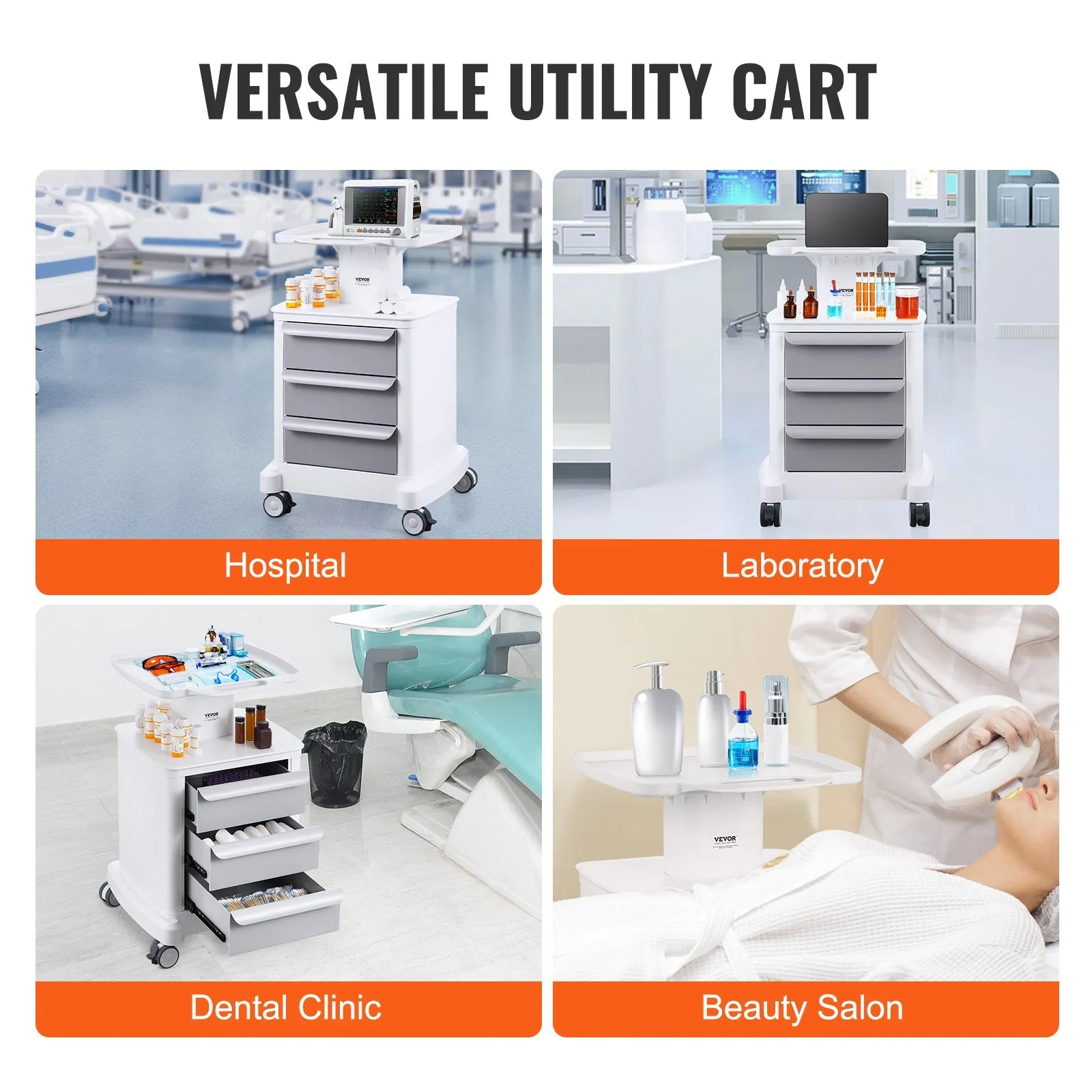 Vevor Lab Cart 4-Tier Mobile Medical Cart 110 Lbs Capacity with 3 Drawers and Large Top Tray White New