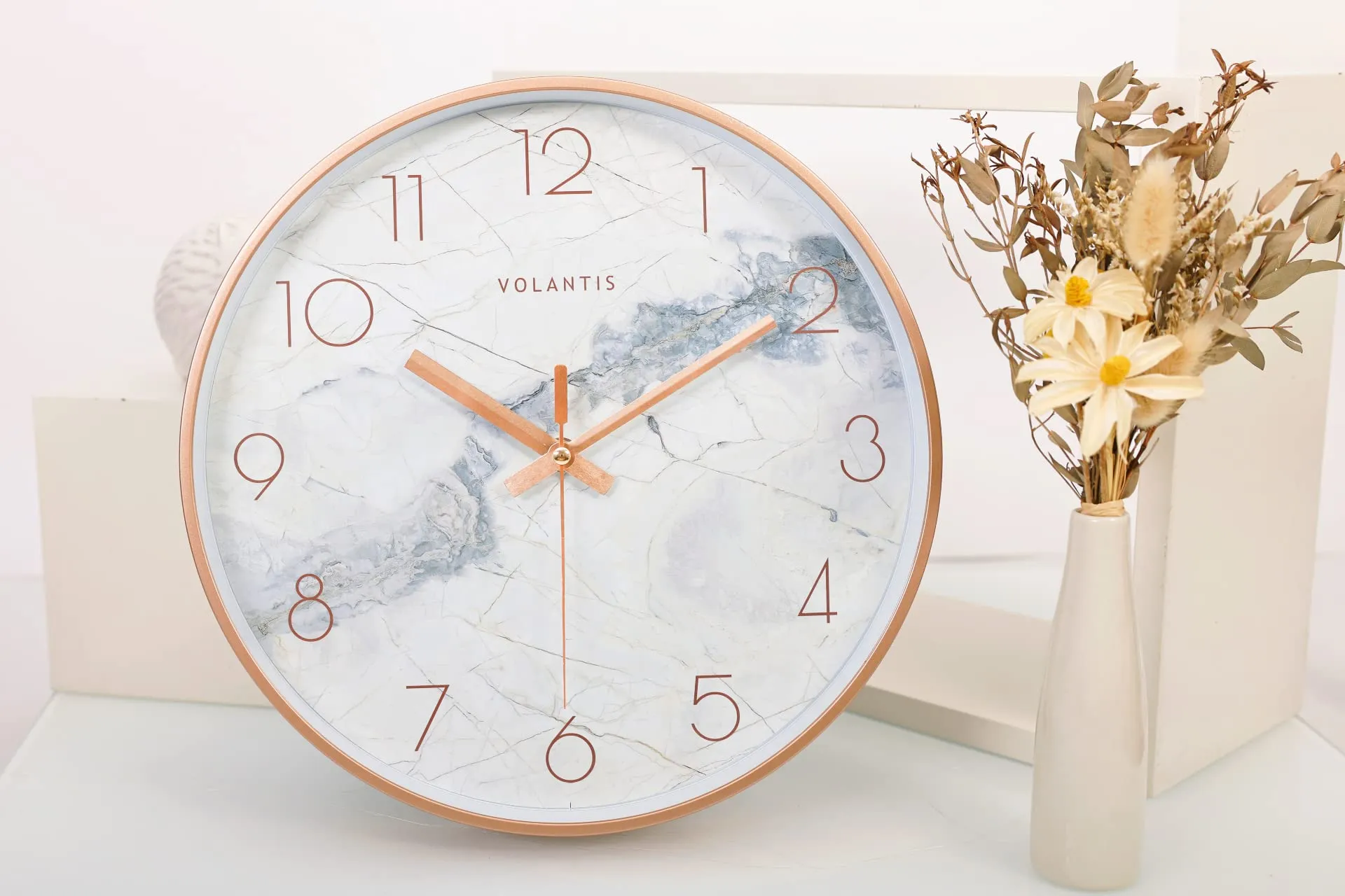 VOLANTIS Marble Style Wall Clock for Home, Living Room, Bedroom, Hall, Office Analog Stylish Silent Non-Ticking Clocks (White Marble) 30W x 5H Centimeters