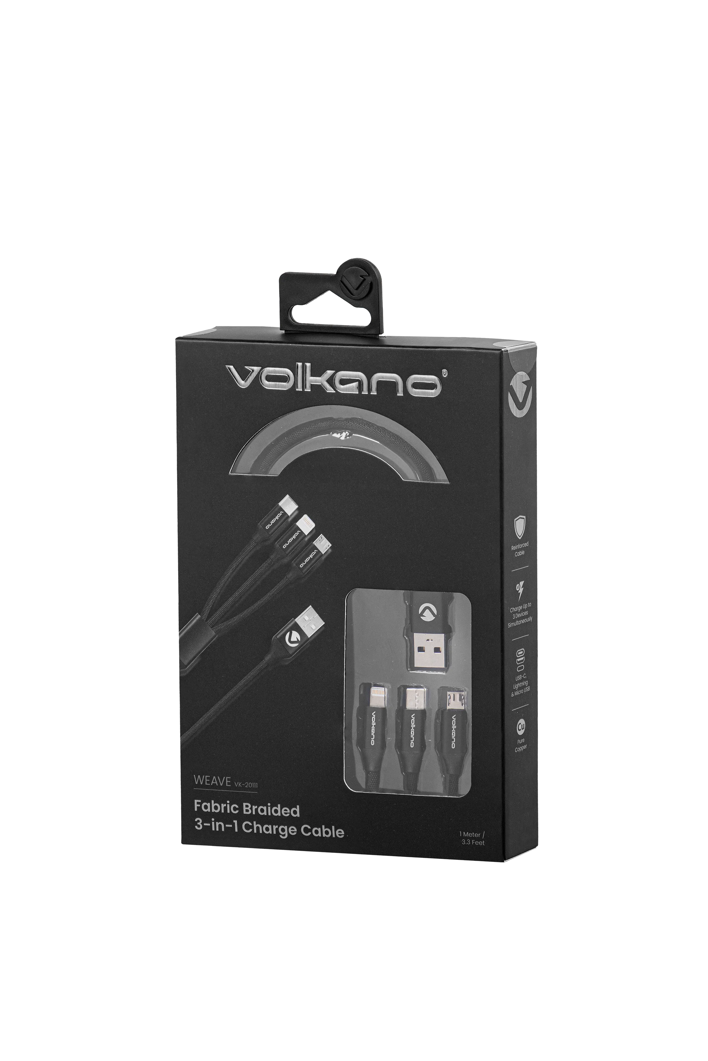 Volkano Weave Series Fabric Braided 3 in 1 (Type-C / Lightning / Micro) Cable 1m - Black