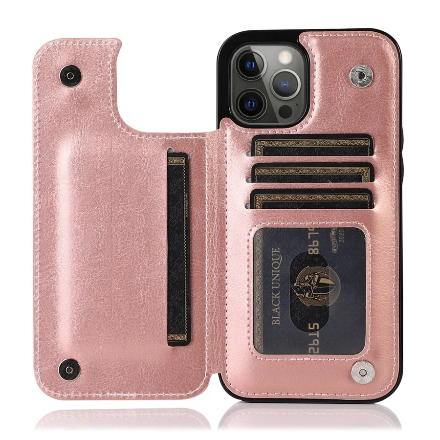 Wallet Double Button Stand Leather Case For iPhone 14 Pro Max 13 Pro 12 11 SE 2022 X XR XS Max 8 7 6 6S Plus 5 5S With Card Slot